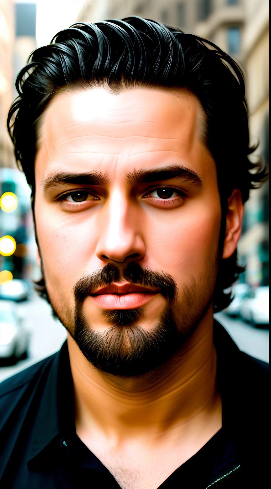 /imagine prompt: A 33 year old man with a goatee and a black shirt, a character portrait by Tibor Czorba, behance contest winner, les nabis, behance hd, studio photography, 16k, closeup, extraterrestrial, futurism, urbancore, 3d, cinematic, documentary photography, octane render, photorealistism, street photography, sunlit, soft lighting, radioluminescence, 🌞, 🍅, tomboy