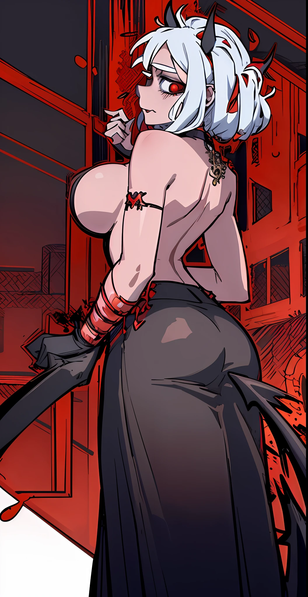 masterpiece, best quality, Modeus \(helltaker\), horns, red hair, demon girl, 1girl, full body, swimsuit , black skirt, demon horns, gigantic breasts, red eyes, long hair, black horns, hair over one eye, piercing, jewelry, tail, demon tail, choker, lip piercing, necklace, gigantic breasts, naked