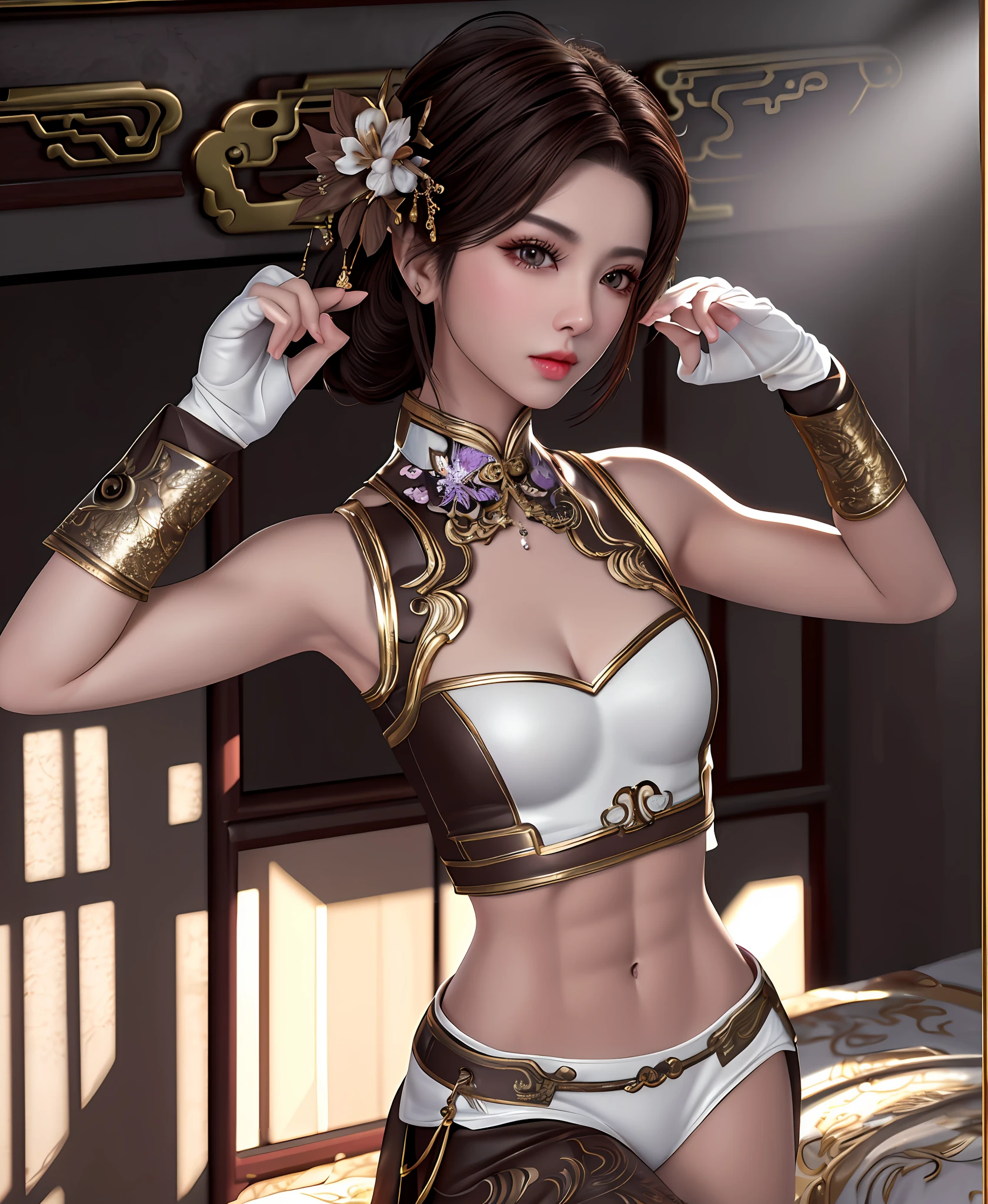 "Masterpiece, high quality, detailed, high resolution, 4k, 8k, realistic skin texture, amazing shadows, perfect lighting, hyper-realistic." A beautiful female (Chinese brown eyes, eye shadow, gloves, white light skin, small breasts, toned abs), doing sensual pose in bed, detailed room, arms up, armpit