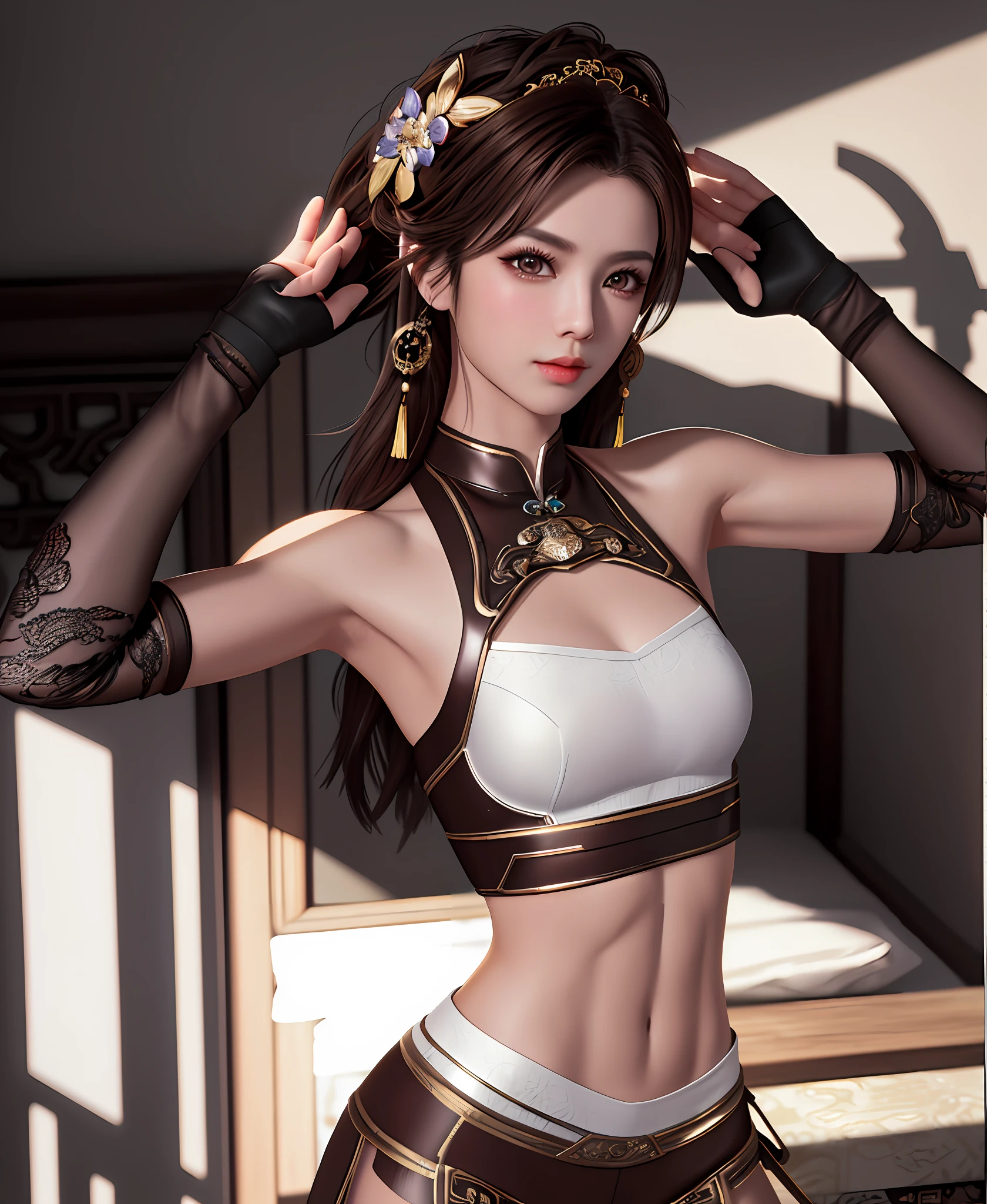 "Masterpiece, high quality, detailed, high resolution, 4k, 8k, realistic skin texture, amazing shadows, perfect lighting, hyper-realistic." A beautiful female (Chinese brown eyes, eye shadow, gloves, white light skin, small breasts, toned abs), doing sensual pose in bed, detailed room, arms up, armpit