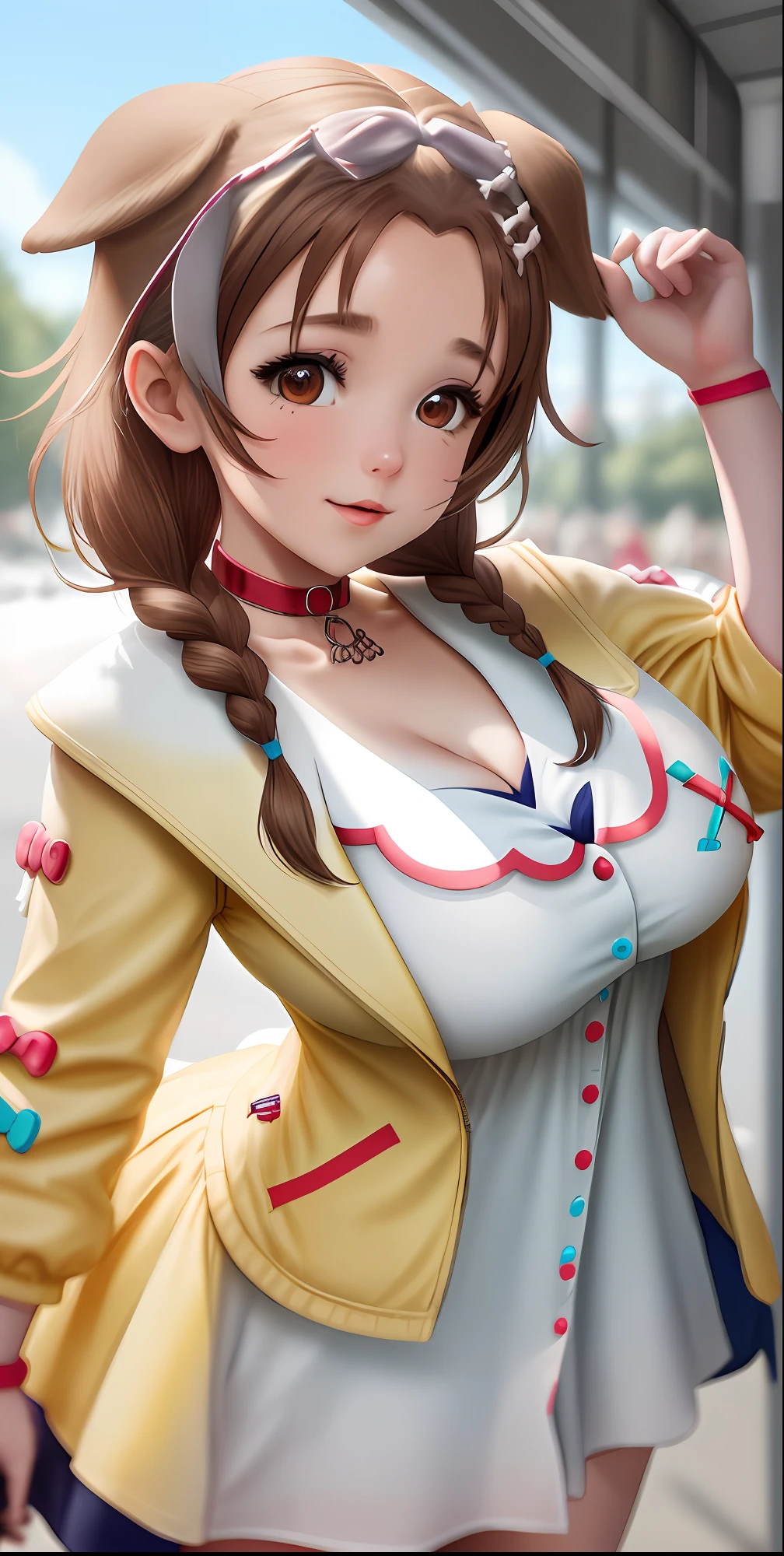 ik1, 1girl, white dress, yellow jacket, dog tail, animal collar, cleavage, gigantic breasts, wristband, cartoon bone, hairclip
