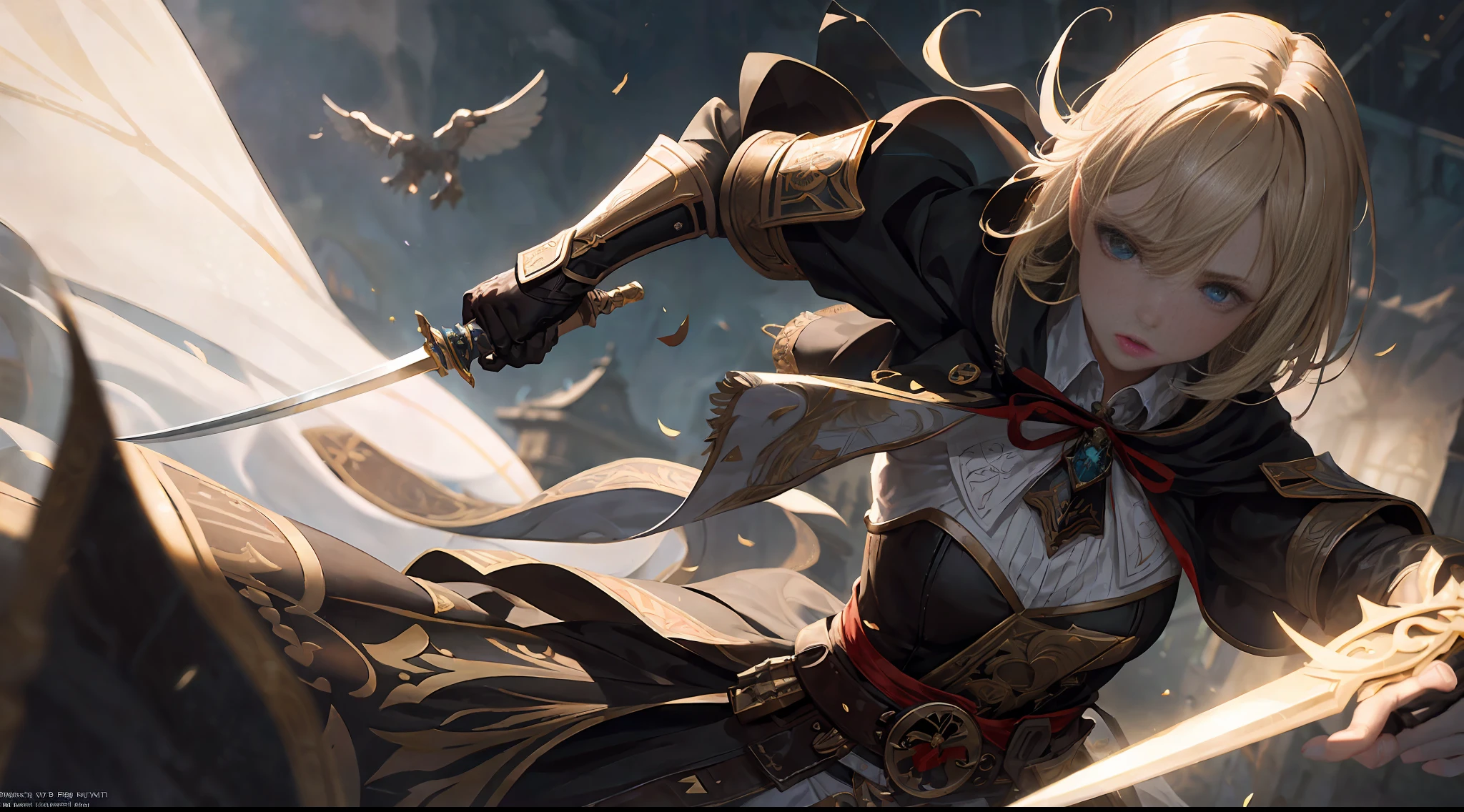 (masterpiece: 1.2), best quality, (illustration: 1.2), determination, action scene, (masterfully crafted brightness, lens reflection), (ultra-detailed), hyper details, (delicate detail), (intricate details), (cinematic light, best quality backlights), clear line, assassins creed black flag, (holding blade), assassin, (1man), bioluminescent, assassins creed rogue, templar, templar clothing, slightly closed eyes, battlefield, (dynamic: 1.2), ((makeup)), high contrast, (better lighting, extremely delicate and beautiful), ((cinematic light)), colorful, powerful, (cinematic masterpiece), photo shoot, battle scene, gallant, ((splashes of colored paint on the background, dulux,)), ((caustic)), dynamic angle, beautiful detailed brightness, (Captivating),(Intricate Detailed Cinematic Arena: 1.2 ), (in battle), ambient occlusion, ambient light, reflections traced by rays, Templar armor detailedly detailed, (shining sword), special attack, ready for battle, Iaijutsu, subsurface dispersal, Post-processing, sword in hand, light blade, legend, powerful attack, noble ghost, Damascus, fist, master swordsman