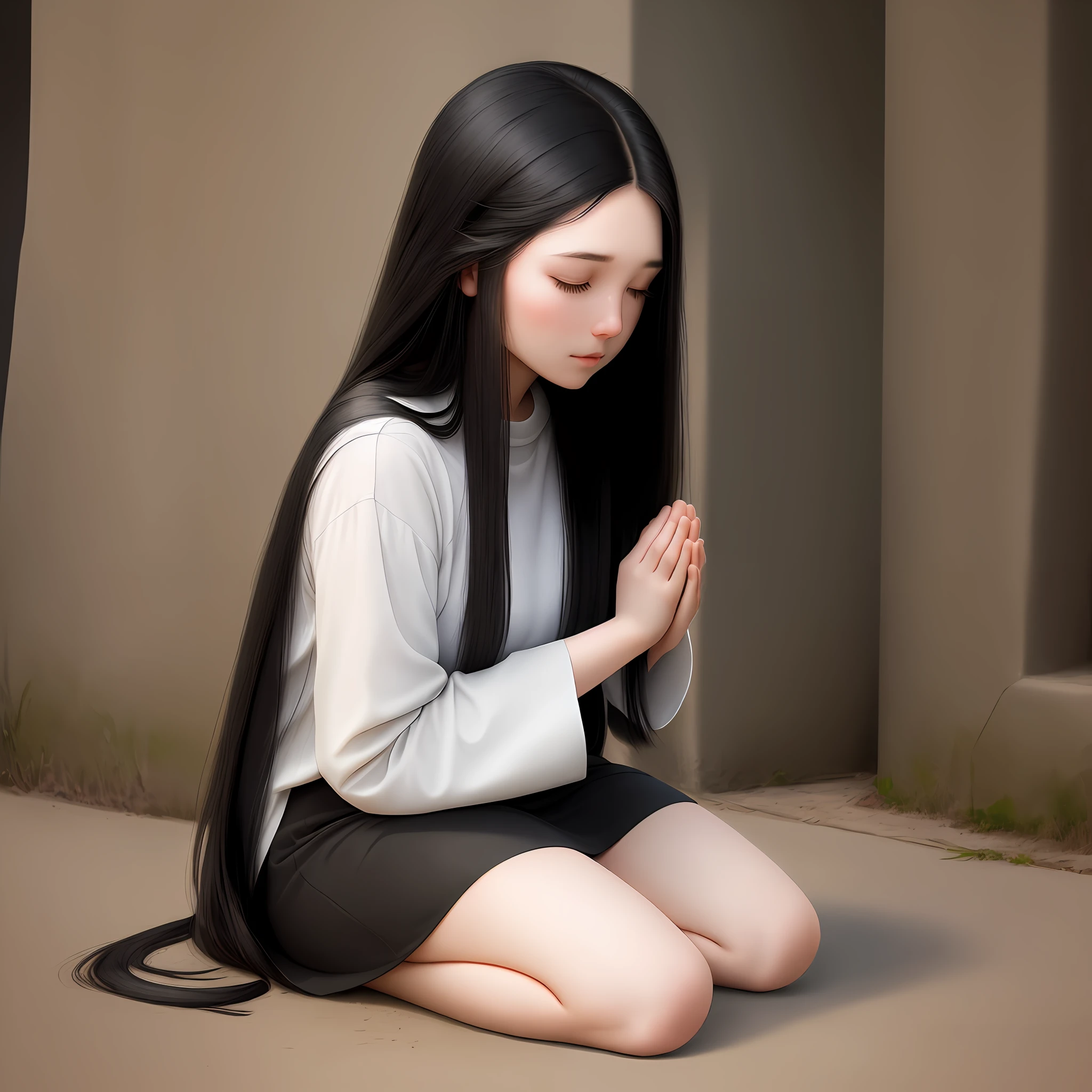 A young woman with long black hair kneeling praying