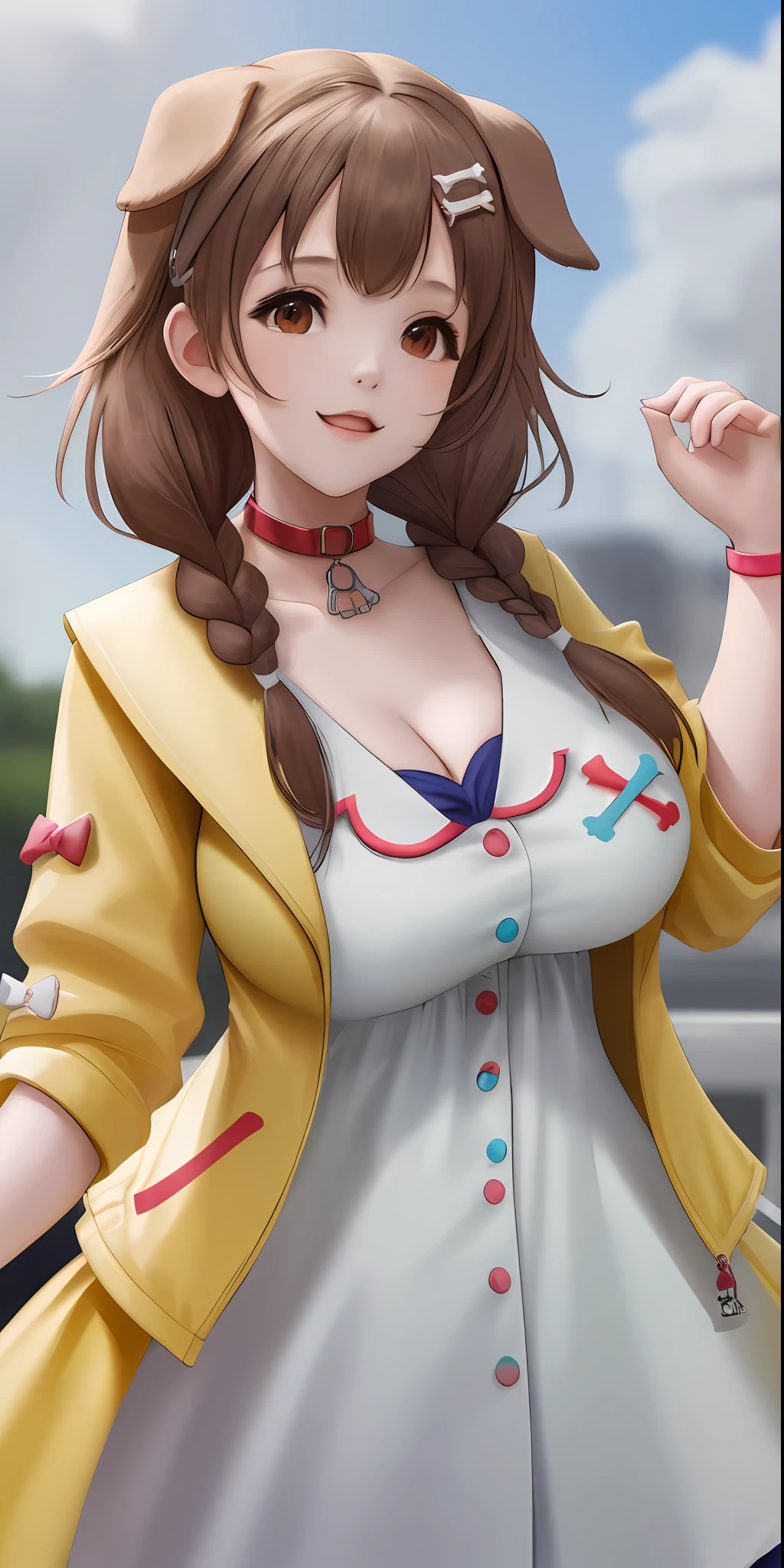 ik1, 1girl, white dress, yellow jacket, dog tail, animal collar, cleavage, gigantic breasts, wristband, cartoon bone, hairclip