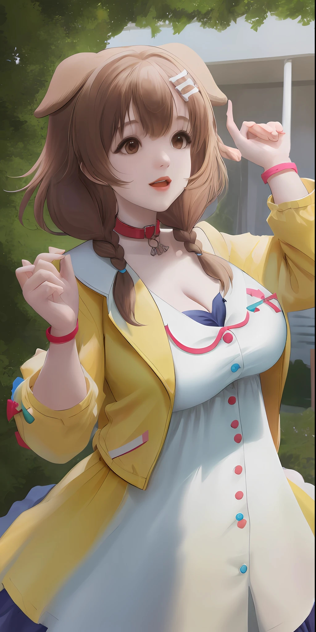 ik1, 1girl, white dress, yellow jacket, dog tail, animal collar, cleavage, gigantic breasts, wristband, cartoon bone, hairclip
