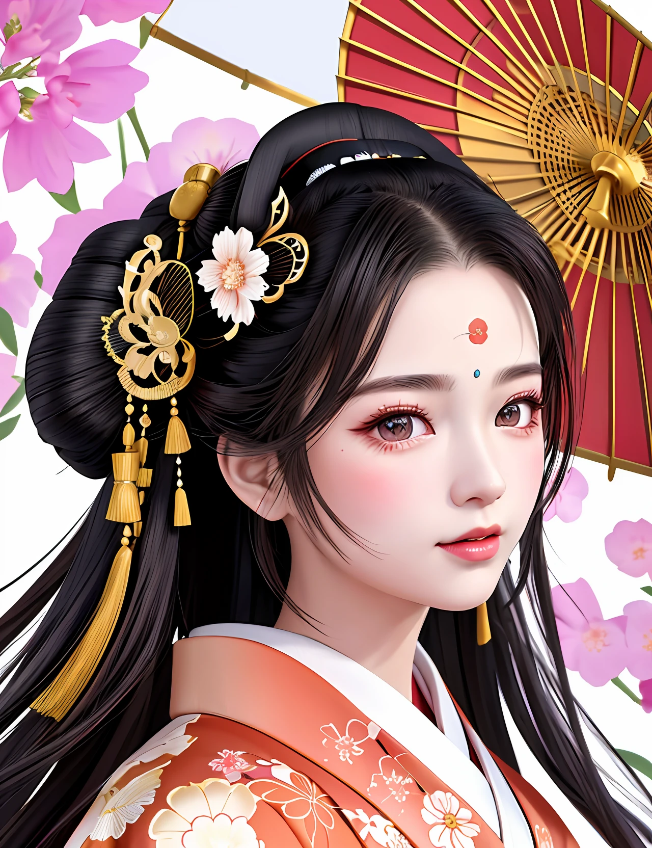 ((Realistic Cartoon)), ((Perfect Character)), ((Beautiful Geisha Kimono)): a stunning and intricate illustration of a geisha with neatly tied hair wearing a stunning kimono. The artwork features a hyper-realistic level of detail, capturing the beauty of the girl's features with ultra-detailed eyes and a perfectly rendered face. The kimono features an intricate pattern and texture that bring it to life, while the tied hair is beautifully styled and detailed. Scenic, masterpiece.
