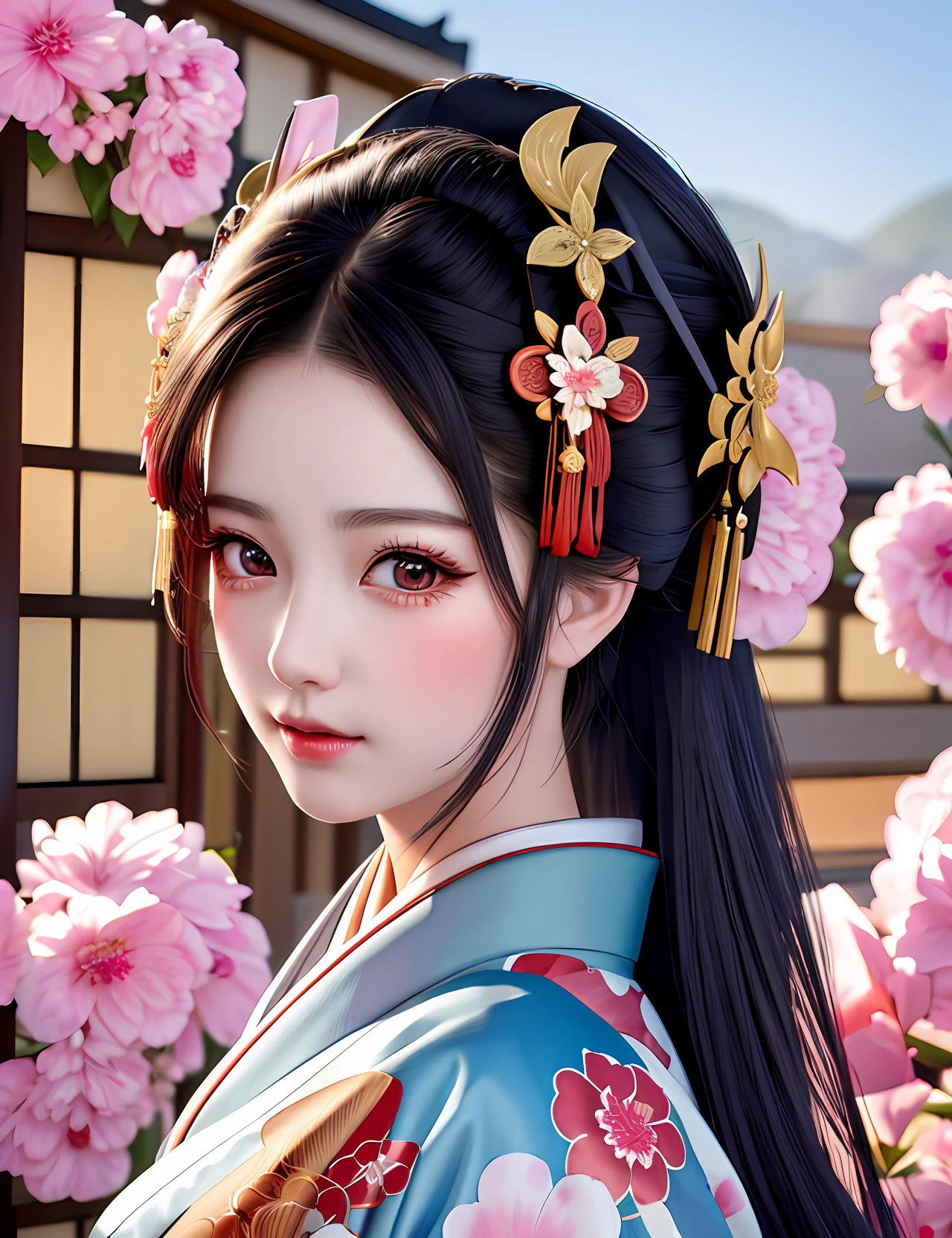 ((Realistic Cartoon)), ((Perfect Character)), ((Beautiful Geisha Kimono)): a stunning and intricate illustration of a geisha with neatly tied hair wearing a stunning kimono. The artwork features a hyper-realistic level of detail, capturing the beauty of the girl's features with ultra-detailed eyes and a perfectly rendered face. The kimono features an intricate pattern and texture that bring it to life, while the tied hair is beautifully styled and detailed. Scenic, masterpiece.