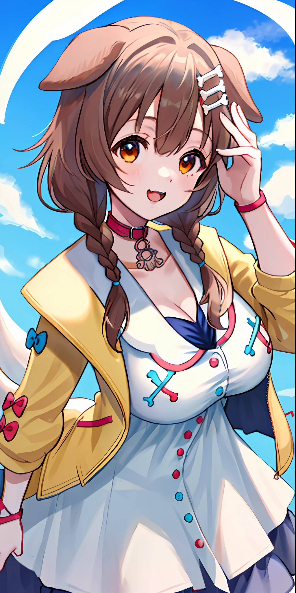 ik1, 1girl, white dress, yellow jacket, dog tail, animal collar, cleavage, gigantic breasts, wristband, cartoon bone, hairclip