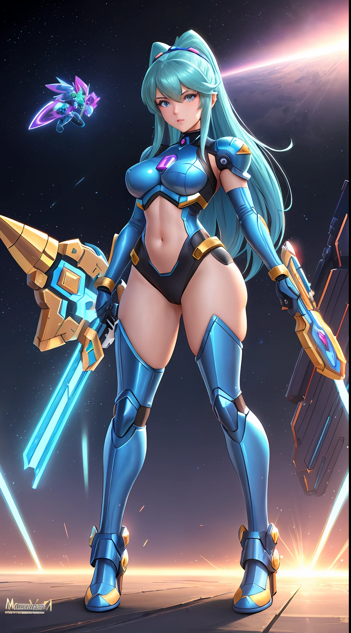 Create a 16k resolution image, Unreal Engine 5, Disney style, Super Metroid style, Mega Man-X style, with very detailed eyes, very detailed face, of a woman doing hybrid cosplay of Mega Man-X/Samus Aran/Seiya of Pegasus with Sagittarius armor, short blue hair, wearing helmet, extremely detailed eyes, futuristic weapons, background: Futuristic city being destroyed, looking at the viewer with facial expression of total hatred