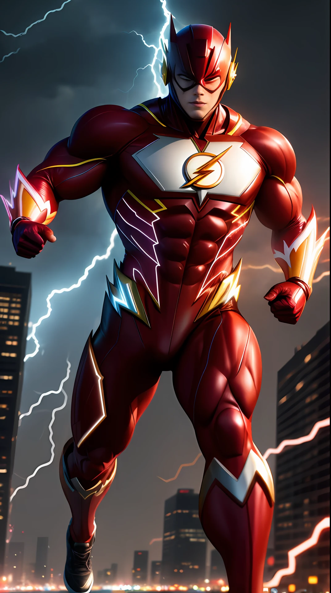 the flash , invoked mask,bodybuilder, running, in the background a city, lightning in the sky, ultra details, ultra realistic, cinematic , octane render, 16k