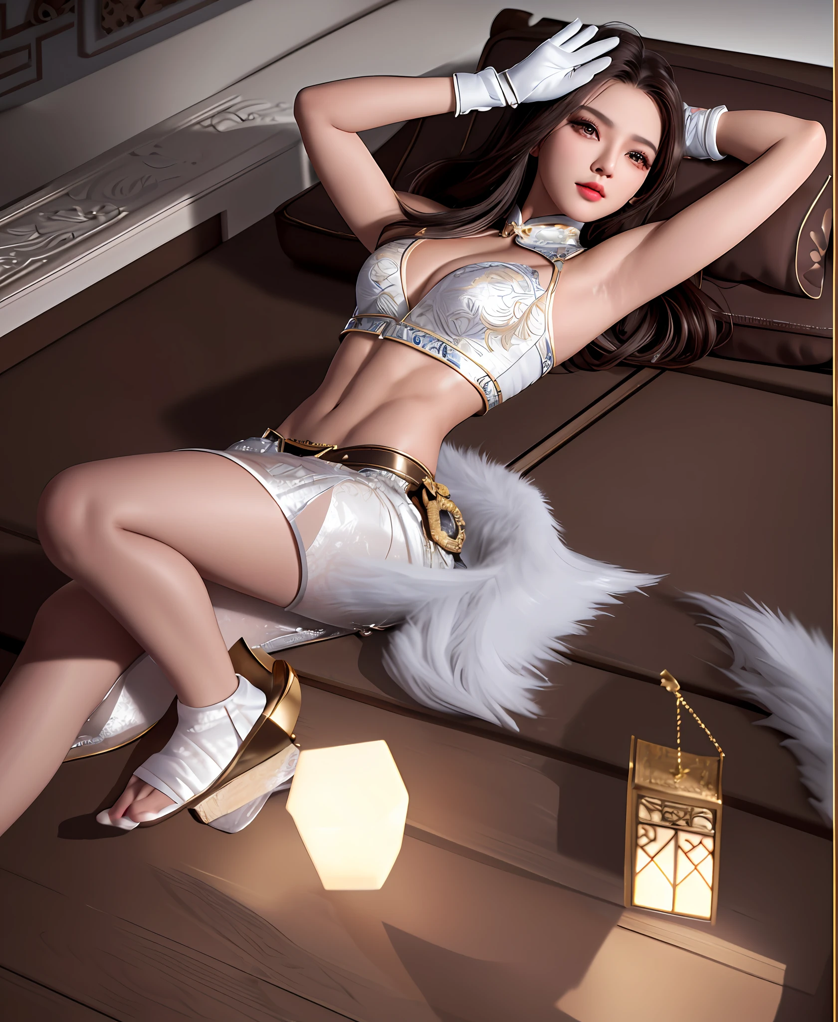 "Masterpiece, high quality, detailed, high resolution, 4k, 8k, realistic skin texture, amazing shadows, perfect lighting, hyper-realistic." A beautiful female (Chinese brown eyes, eye shadow, gloves, white light skin, small breasts, toned abs), tied with setin on the bed, lying down, detailed room, arms up, armpit
