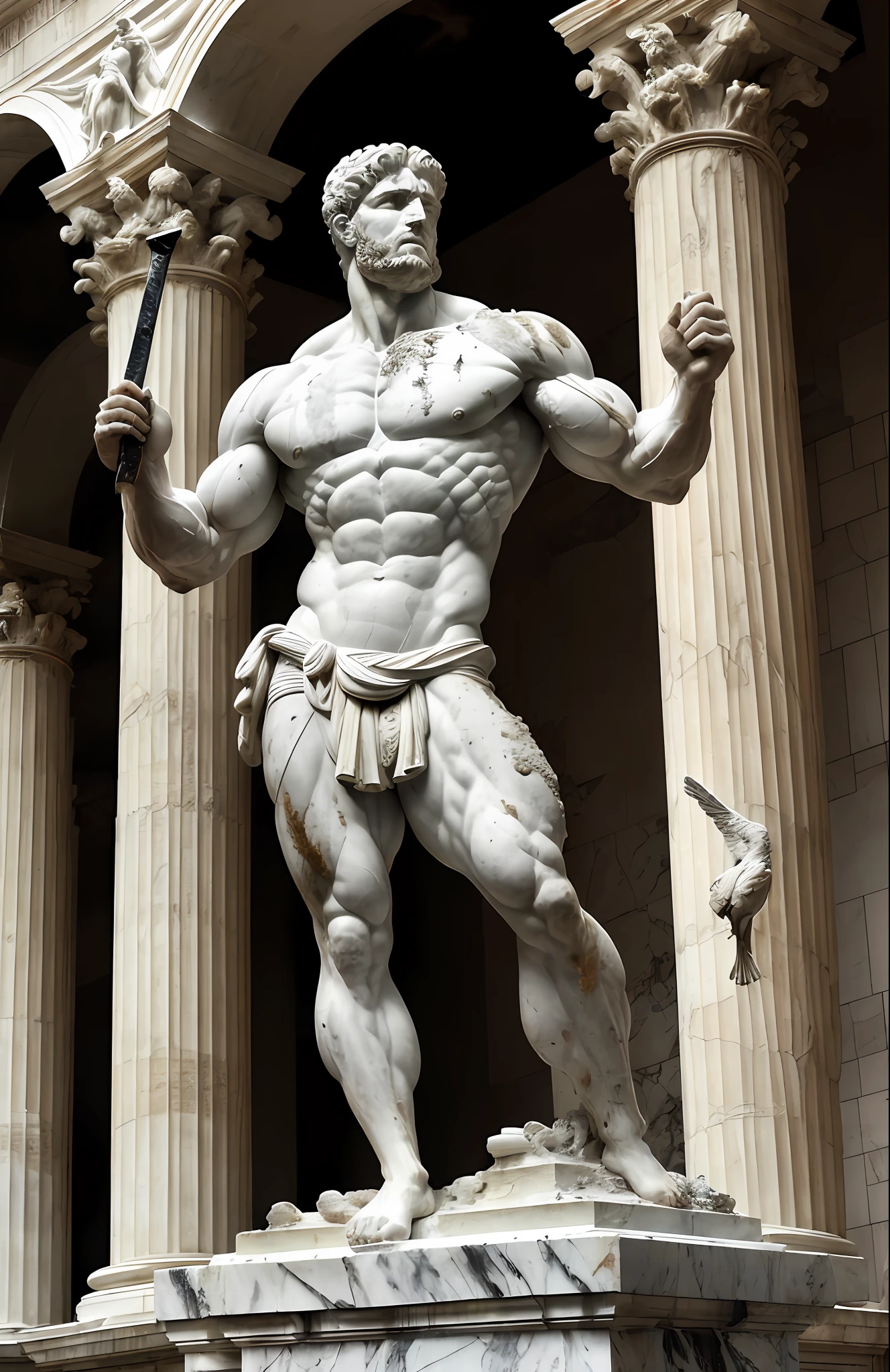 A hyper-realistic marble statue of a muscular handsome Roman god man holding a sword rotting, very old, ancient dust, and his facial expressions betray deep sadness and overthinking. Against the background of Roman columns, petrified birds, ashes on the ground withered and rotting, the colors are muted and faded, to emphasize the seriousness of the scene.