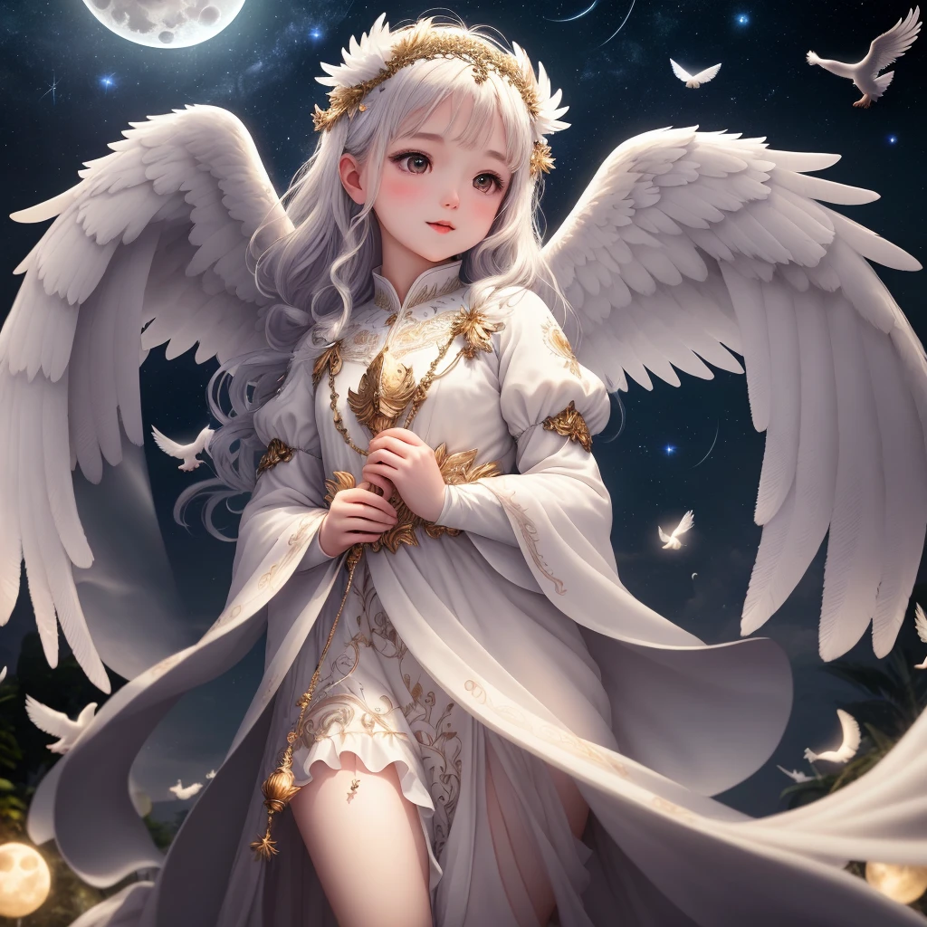 Cute angel with feathered wings looking at the night sky,at night garden and surrounded by small white birds flying around her, all illuminated by the moon, intricate details, professional lighting, high definition, 8K, studio light