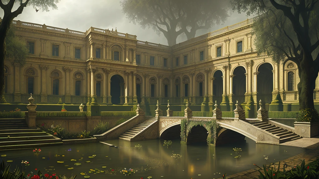 (masterpiece),Renaissance palace surrounded by gardens, bridge, stairs, rain, cloudy, art by [Bastien Lecouffe-Deharme| Caspar David Friedrich]:1.2), (unreal engine rendering, photorealistic painting, photorealism:1.2), (mysterious)