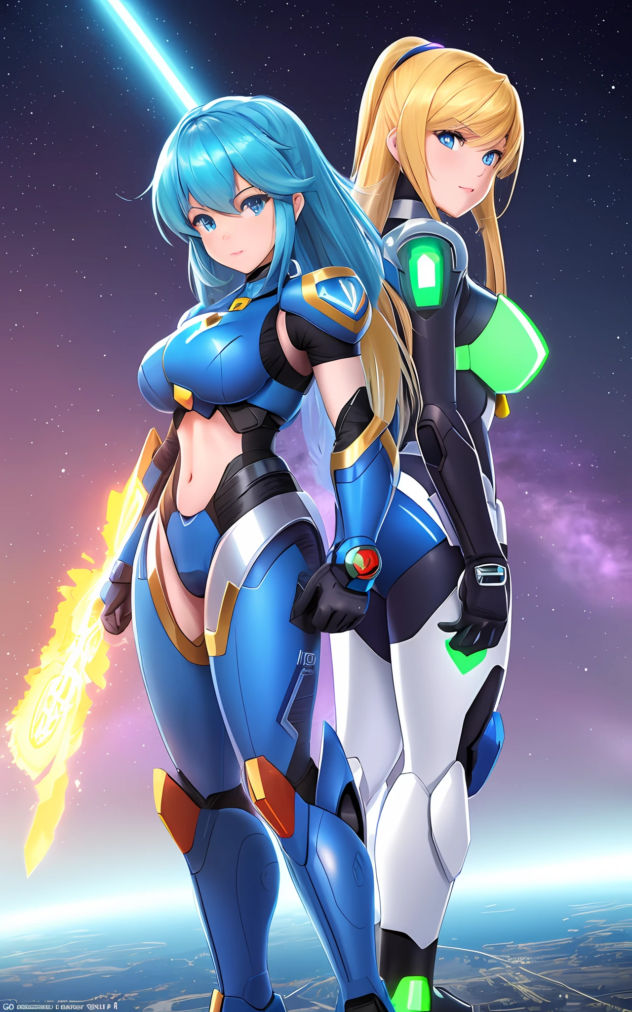 Create a 16k resolution image, Unreal Engine 5, Disney style, Super Metroid style, Mega Man-X style, with very detailed eyes, very detailed face, of a woman doing hybrid cosplay of Mega Man-X/Samus Aran/Seiya of Pegasus with Sagittarius armor, short blue hair, wearing helmet, extremely detailed eyes, futuristic weapons, background: Futuristic city being destroyed, looking at the viewer with facial expression of total hatred