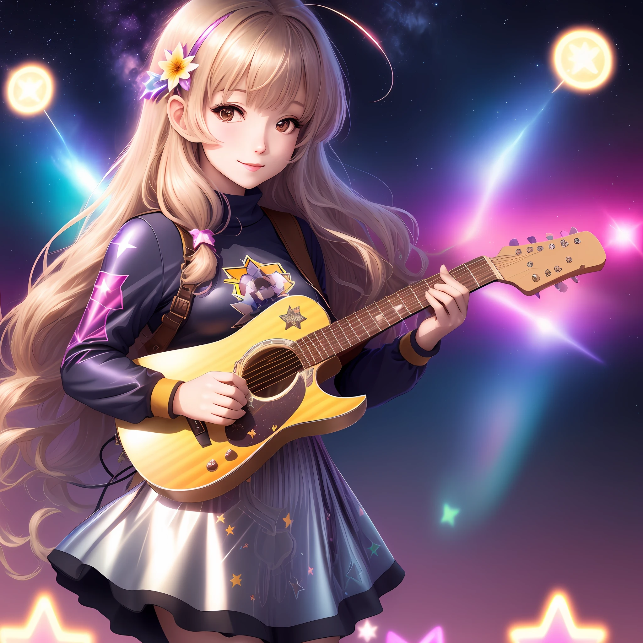 Tina tunner, long hair, sunshine, medium breasts, rock clothes, bright stars, a digital illustration, bright stars, fraction peaks, chromatic aberration, E flower (bright, holofoil: 0.6),