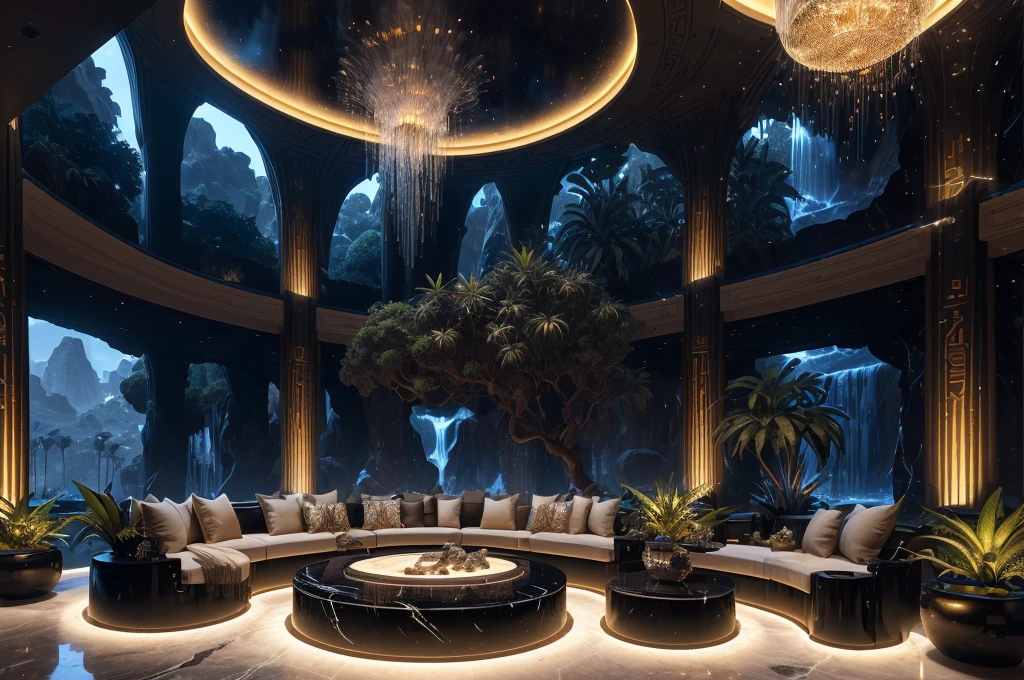 incredible black luxurious futuristic living room interior in Ancient Egyptian style with many (((lush plants))) (lotus flowers), ((palm trees)), (((flowers))), rocky walls, ((sand)), ((waterfalls)) (marble), ((precious minerals)), ((metals)), (gemstones), crystals, clouds and ((water)), (curvy futuristic furniture), (hieroglyphics), ((trees, flowers, plants made out of gemstones and precious minerals and lights)), crocodiles, (((ultra luxury))), (black marble) – with ((beautiful lights)), Unreal Engine, HQ, 16k