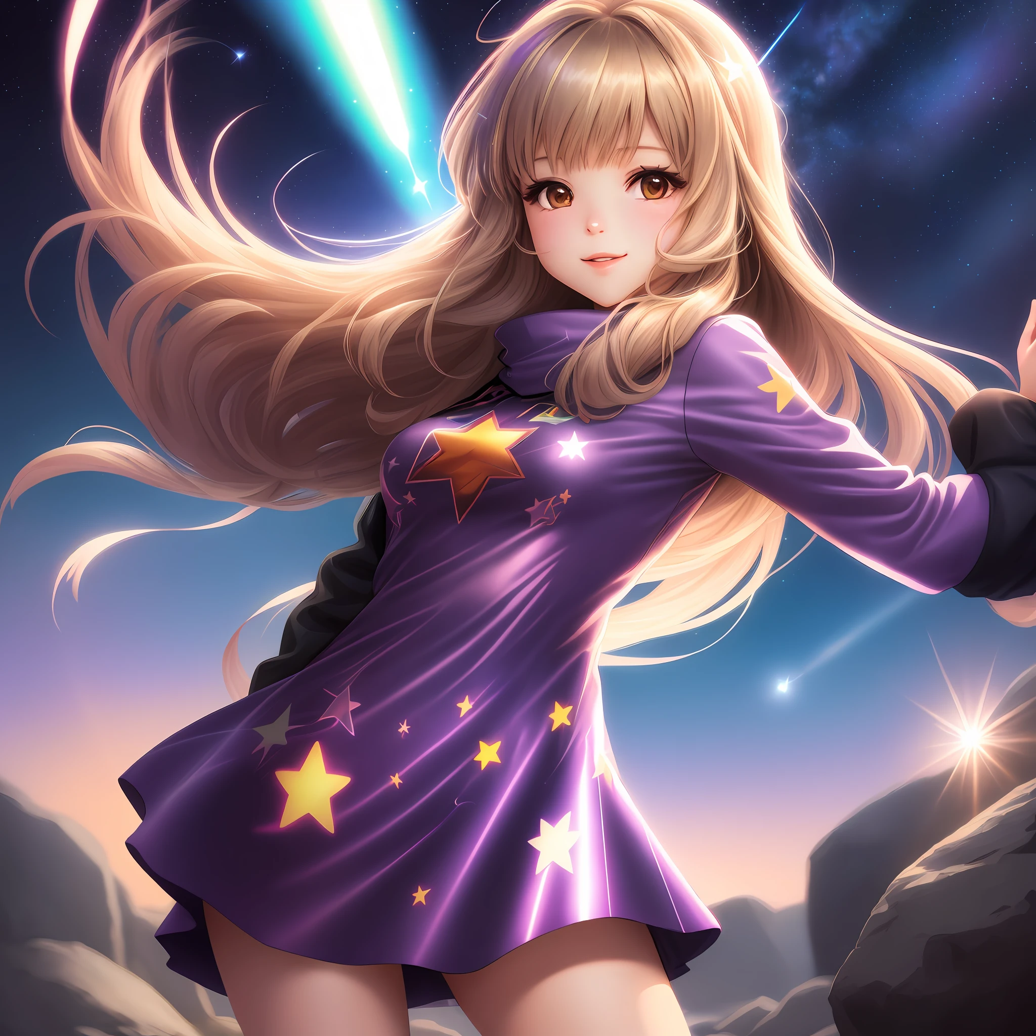 Tina tunner, long hair, sunshine, medium breasts, rock clothes, bright stars, a digital illustration, bright stars, fraction peaks, chromatic aberration, E flower (bright, holofoil: 0.6),