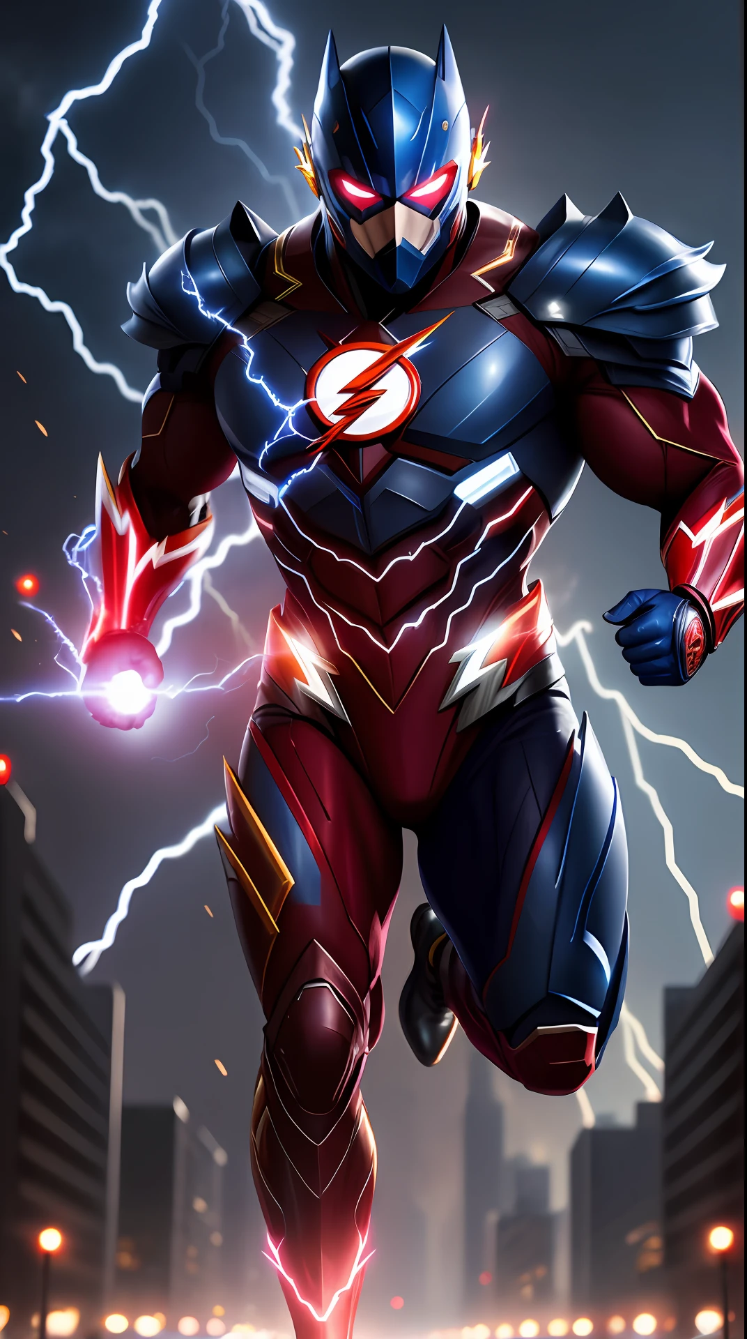 the flash , royal blue armor, invoked mask,glowing red eyes, bodybuilder, running, in the background a city, lightning in the sky, ultra details, ultra realistic, cinematic , octane render, 16k