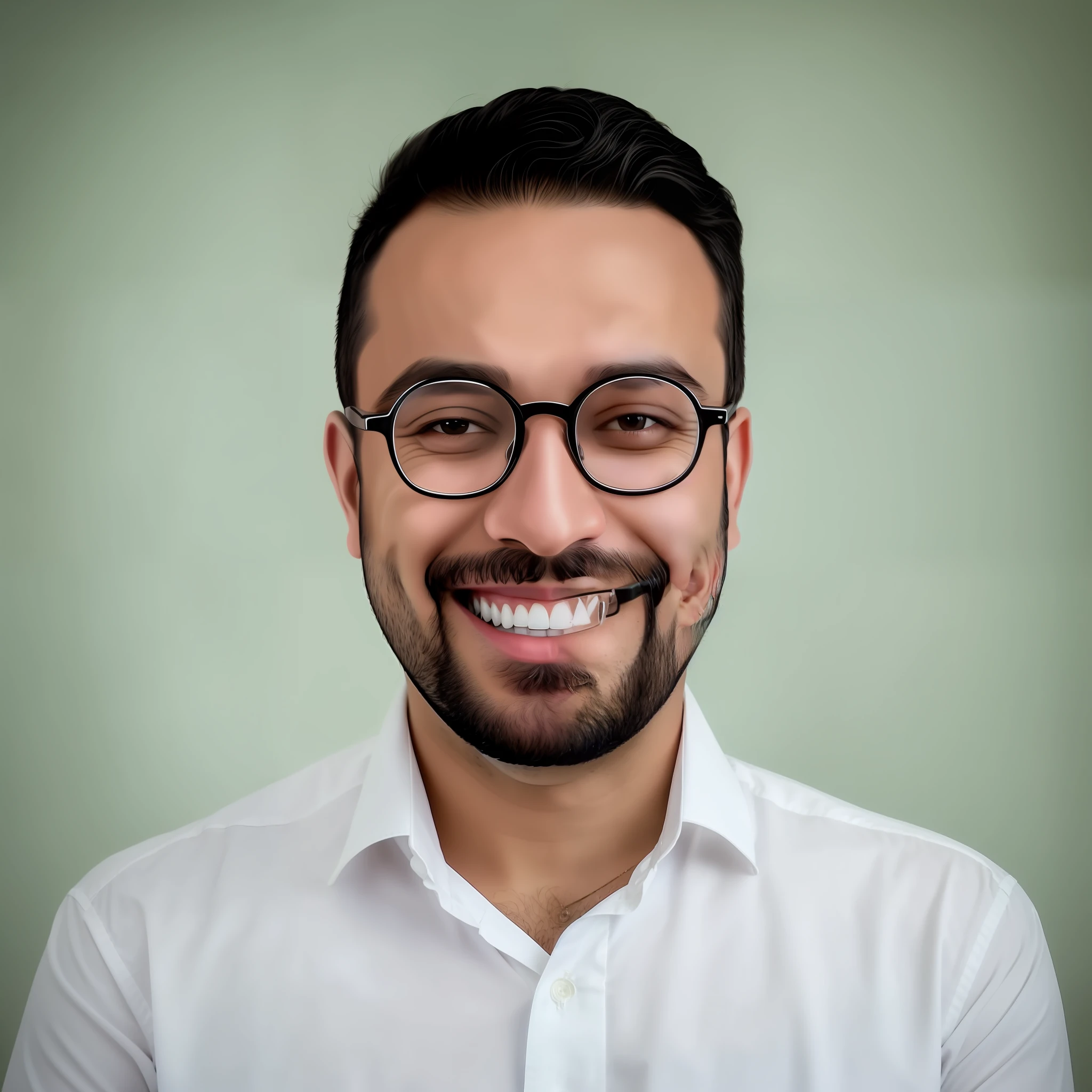 Smiling man with glasses and beard wearing white shirt and round glasses, Emad Mostaque, Hicham Habchi, Mohamed Chahin, Headshot Profile Picture, Professional Profile Picture, Aykut Aydogdu, Ahmad Merheb, Amr Elshamy, Farid Ghanbari, Sam Nassour, Portait Photo Profile photo, professional photo, Raden Saleh