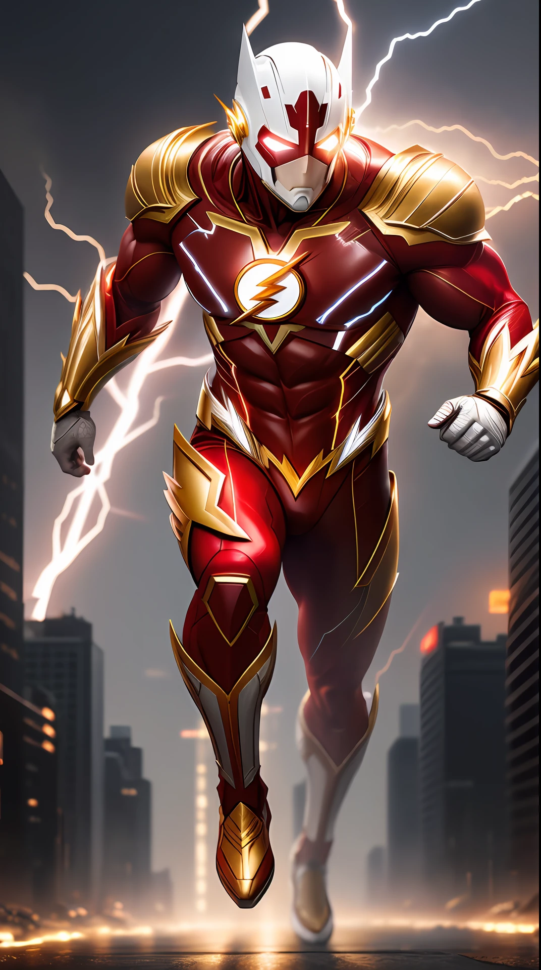 the flash , white and golden armor, invoked mask,glowing red eyes, bodybuilder, running, in the background a city, lightning in the sky, ultra details, ultra realistic, cinematic , octane render, 16k