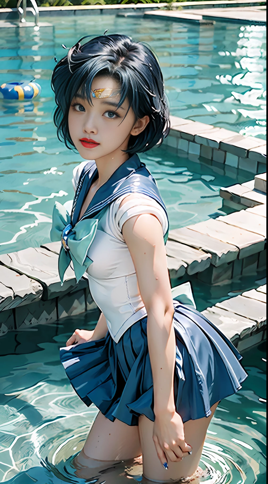 Best Quality, Masterpiece, Ultra High Resolution, (Realism: 2), Original Photo, A Twenty-Year-Old Girl, (Sailor Moon: 2.1) ((Ami Mizuno/Sailor Crystal, Sailor Mercury)), Charming Smile, Short Hair, Short Blue Hair, Vibrant Blue Eyes, Short Skirt, Looking at the Viewer, Huge Pool in the background, Dynamic Pose, OC Rendering, Water Splashing