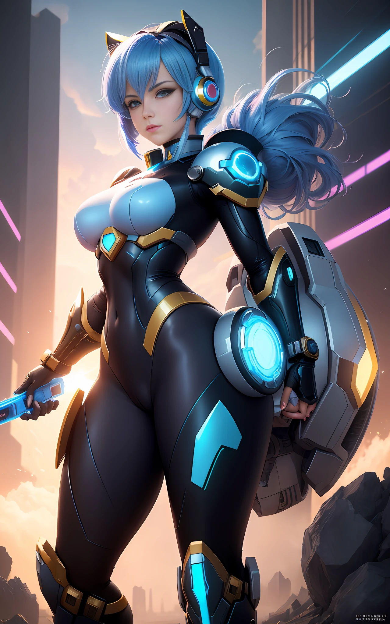 Create a 16k resolution image, Unreal Engine 5, Disney style, Super Metroid style, Mega Man-X style, with very detailed eyes, very detailed face, of a woman doing hybrid cosplay of Mega Man-X/Samus Aran/Seiya of Pegasus with Sagittarius armor, short blue hair, wearing helmet, extremely detailed eyes, futuristic weapons, background: Futuristic city being destroyed, looking at the viewer with facial expression of total hatred