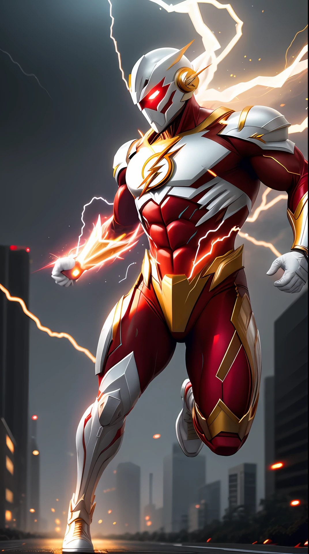 the flash , white and golden armor, invoked mask,glowing red eyes, bodybuilder, running, in the background a city, lightning in the sky, ultra details, ultra realistic, cinematic , octane render, 16k