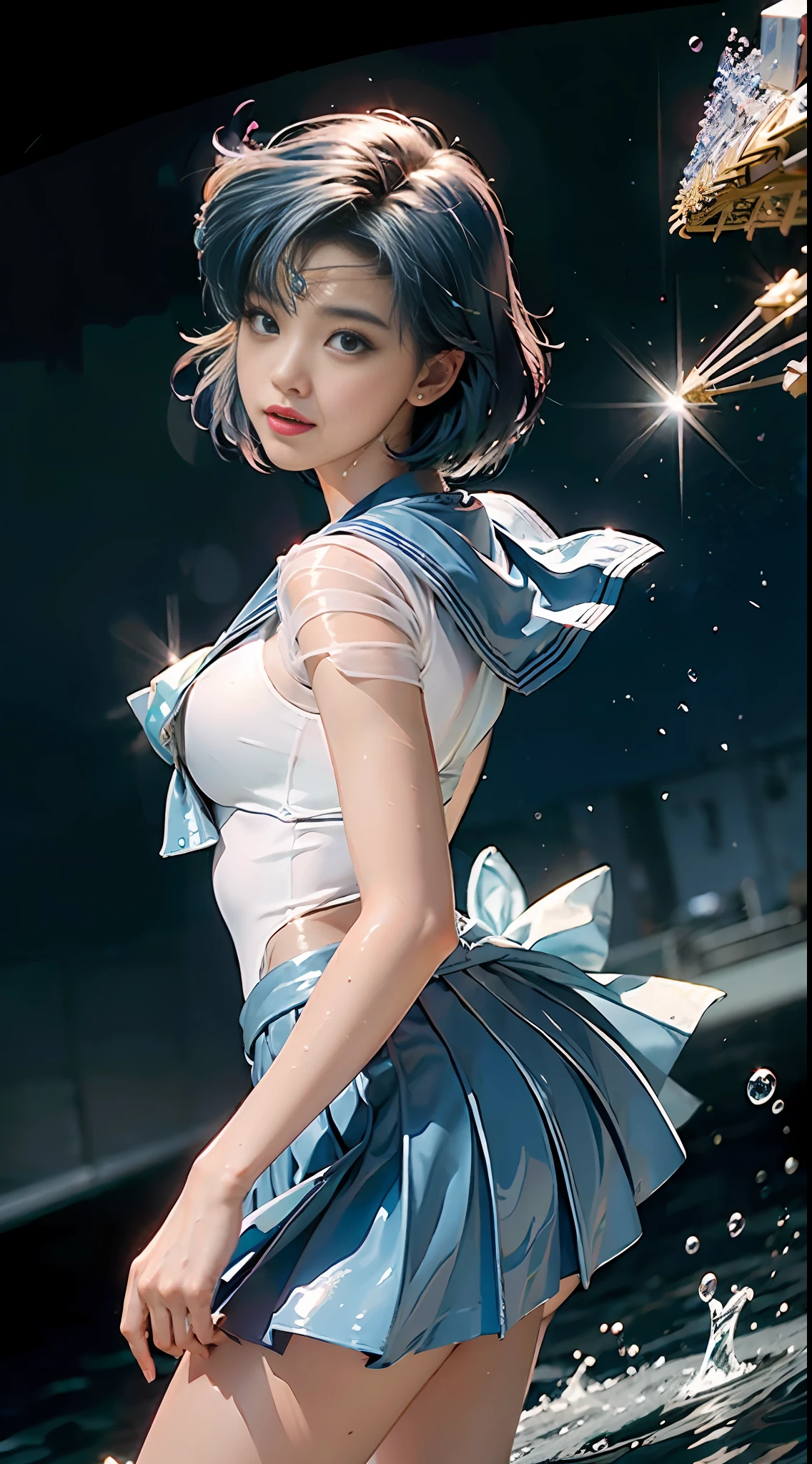 Best Quality, Masterpiece, Ultra High Resolution, (Realism: 2), Original Photo, A Twenty-Year-Old Girl, (Sailor Moon: 2.1) ((Ami Mizuno/Sailor Crystal, Sailor Mercury)), Charming Smile, Short Hair, Short Blue Hair, Vibrant Blue Eyes, Short Skirt, Looking at the Viewer, Mercury in the background, Dynamic Pose, OC Rendering, Water Splashing