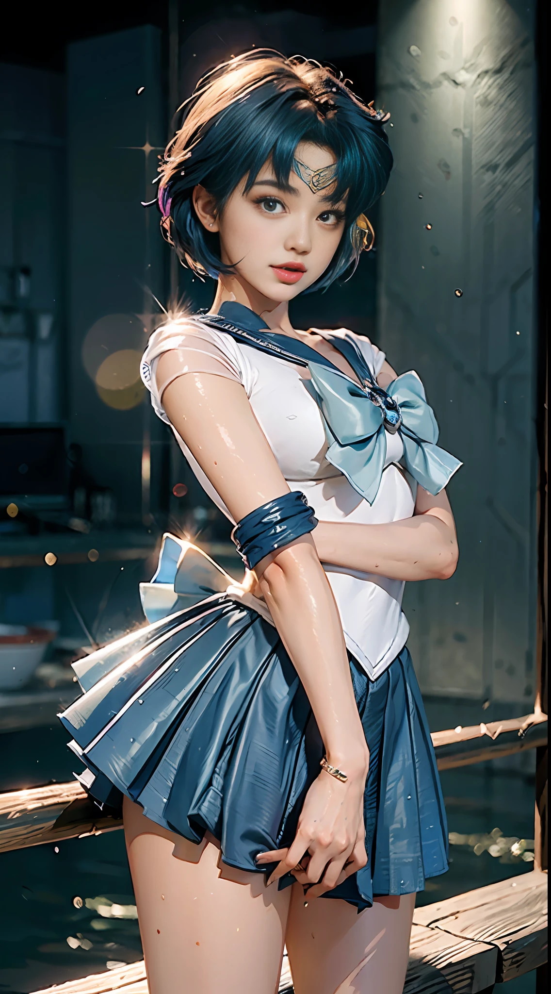 Best Quality, Masterpiece, Ultra High Resolution, (Realism: 2), Original Photo, A Twenty--Old l, (Sailor Moon: 2.1) ((Ami Mizuno/Sailor Crystal, Sailor Mercury)), Charming Smile, Short Hair, Short Blue Hair, Vibrant Blue Eyes, Short Skirt, Looking at the Viewer, Mercury in the background, Dynamic Pose, OC Rendering, Water Splashing