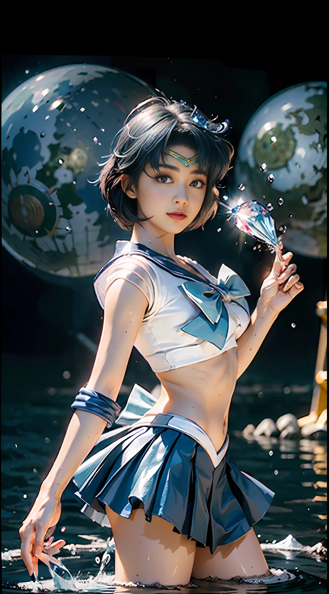 Best Quality, Masterpiece, Ultra High Resolution, (Realism: 2), Original Photo, A Twenty--Old l, (Sailor Moon: 2.1) ((Ami Mizuno/Sailor Crystal, Sailor Mercury)), Charming Smile, Short Hair, Short Blue Hair, Vibrant Blue Eyes, Short Skirt, Looking at the Viewer, Mercury in the background, Dynamic Pose, OC Rendering, Water Splashing