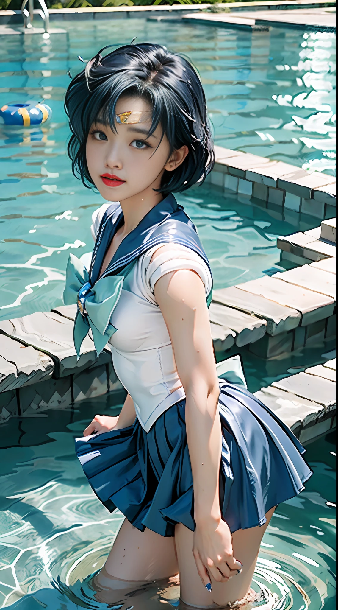 Best Quality, Masterpiece, Ultra High Resolution, (Realism: 2), Original Photo, A Twenty--Old l, (Sailor Moon: 2.1) ((Ami Mizuno/Sailor Crystal, Sailor Mercury)), Charming Smile, Short Hair, Short Blue Hair, Vibrant Blue Eyes, Short Skirt, Looking at the Viewer, Huge Pool in the background, Dynamic Pose, OC Rendering, Water Splashing