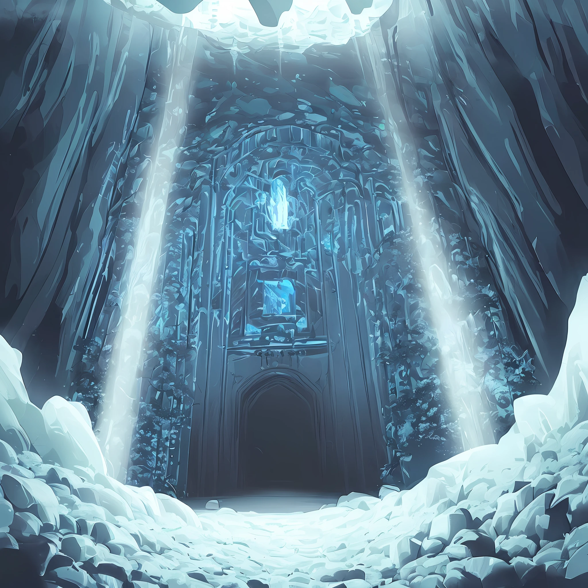 The cave is a true spectacle with a seductive cyan glow coming from the background, capturing the view of the entrance with many amazing details and depth. (Cavern with a seductive ciano glow from deep below, capturing the vision of the entrance with stunning detail and depth.)