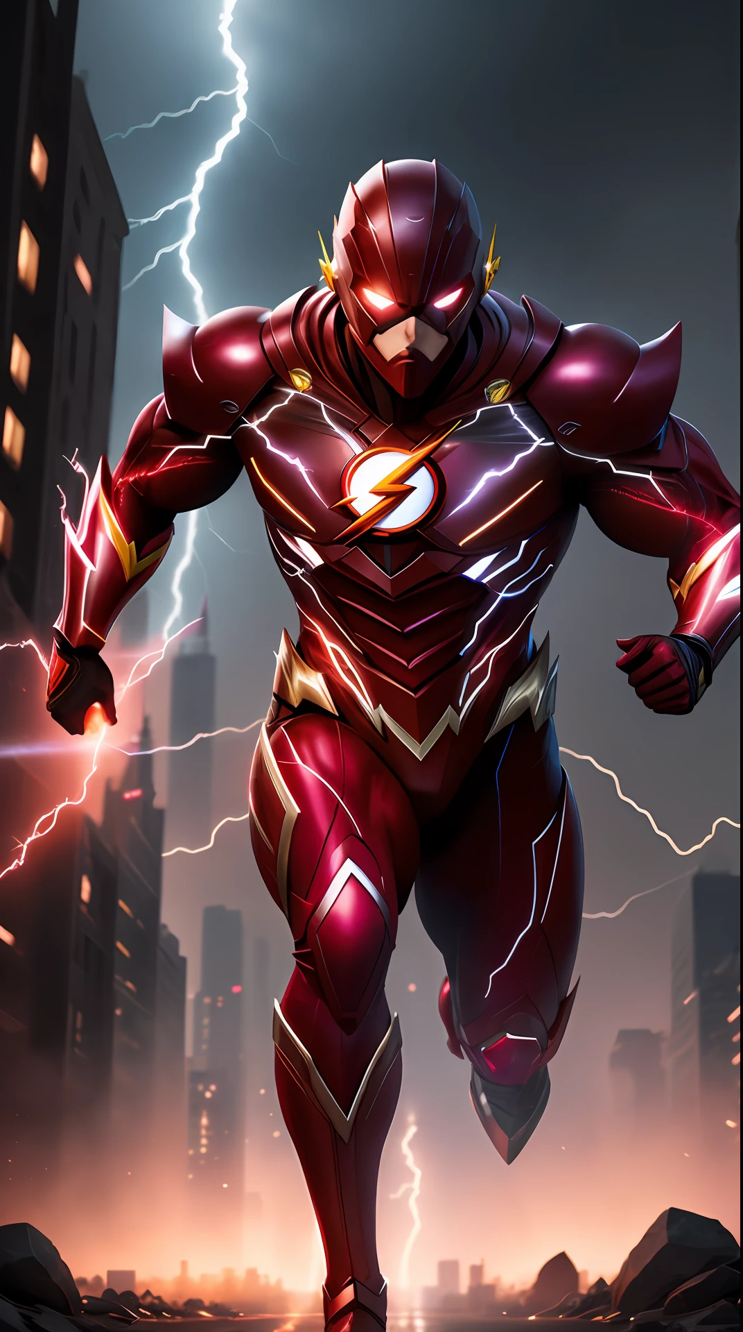 the flash , dark armor, invoked mask,glowing red eyes, bodybuilder, running, in the background a city, lightning in the sky, ultra details, ultra realistic, cinematic , octane render, 16k