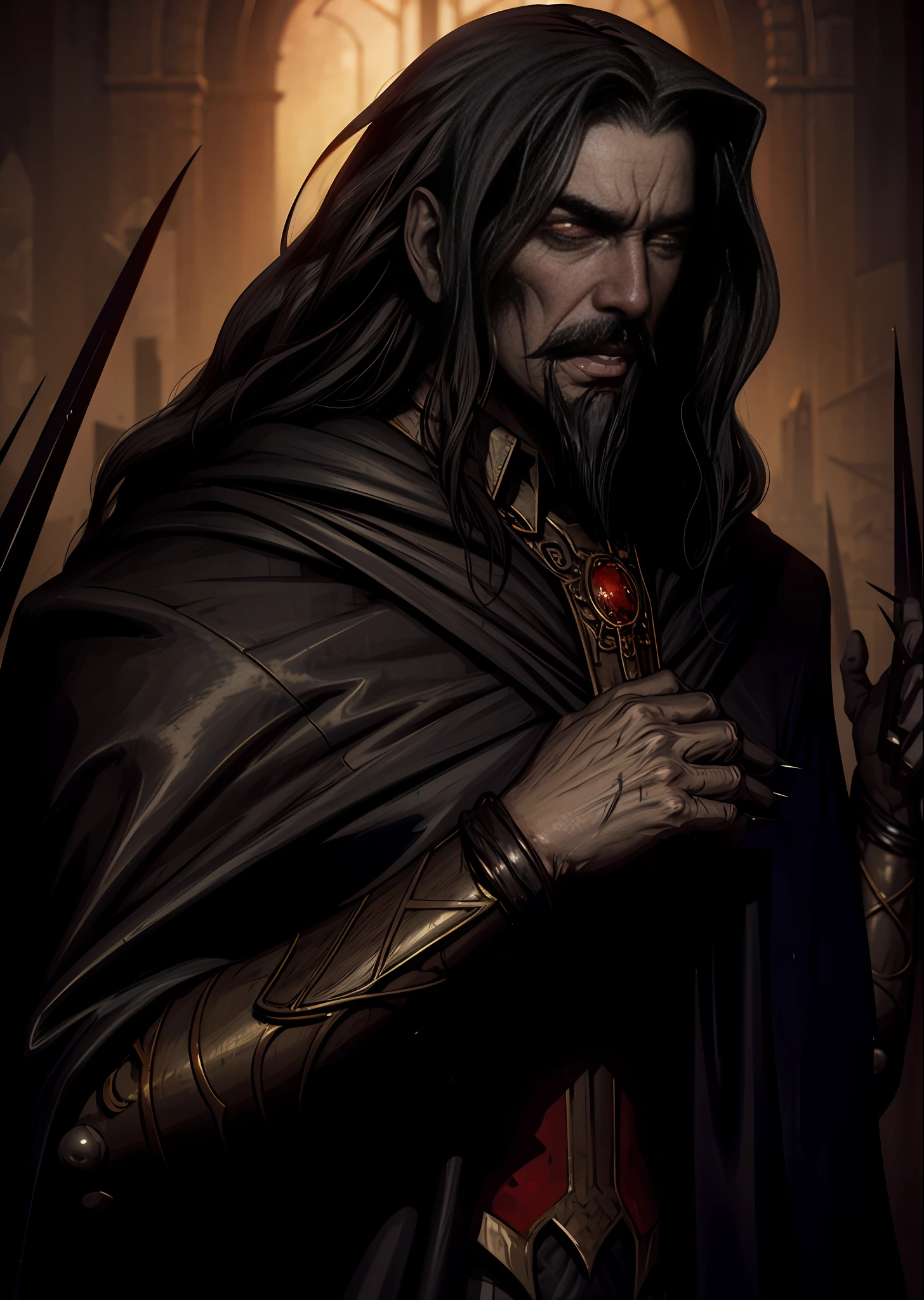 Dracula, (Art by Jim Lee) mature, strong man, long hair, black hair, black mustache, black goatee, pale skin, red eyes, angry expression, red sclera, large nails, black and red clothes, Victorian details. (chiaroscuro), fine facial details, cinematic lighting, (depth of field), UHD, castlevania style, dramatic, gorgeous, award-winning, masterpiece,