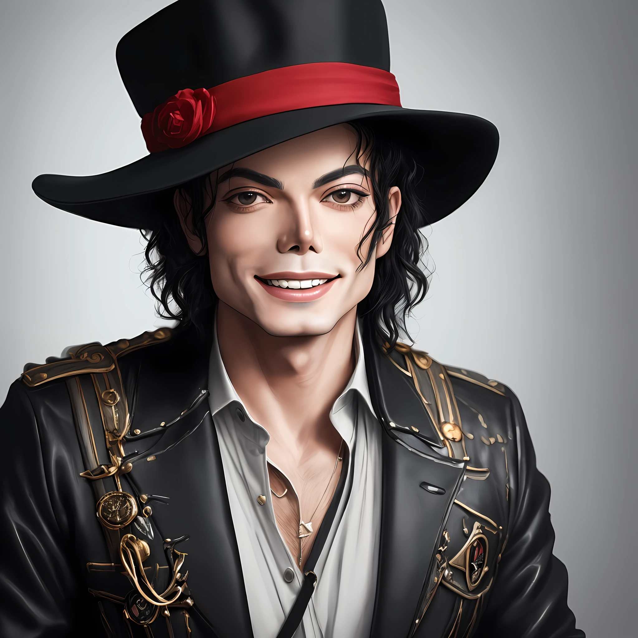 Michael Jackson, smiling, teeth, wearing hat, background gradient, original simulation style, charming gaze, charming expression. The background should be a simple gradient, pay close attention to details such as highlights and shadows on his face and hair to create a realistic and realistic image. Try different lighting techniques to enhance the mood and atmosphere of your portrait. Highly Detailed Skin, Skin Detail, Sharp Focus, Volumetric Fog, 8K UHD, SLR, High Quality, Film Grain, Fujifilm XT3, (Best Quality: 1.4), (Masterpiece: 1.4), (Detail: 1.3), (Best Quality: 1.4), (Masterpiece: 1.4), (Detail: 1.3), (Color Gradient Background: 1.5, Close Up: 1.5), (Realism: 1.4), (Best Quality: 1.0), (Super High Resolution: 1.0)