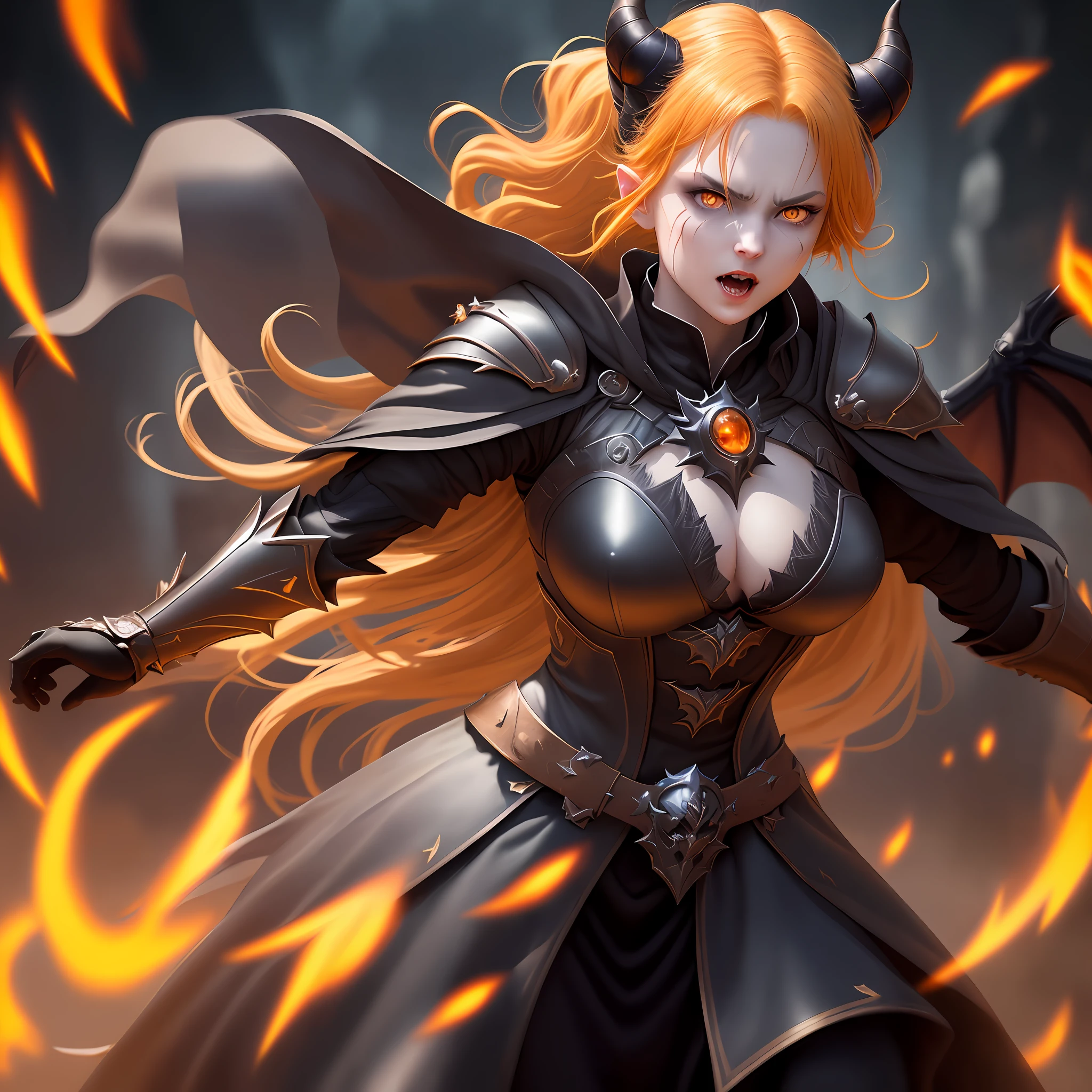 style, details, full torso shot, cold lighting, cute, random princess woman evil demon pale, 22 years old,three scars on face, aura of evil magic of yellow color sticking out of the body, random demon horns,random demon ears,yellow colored hair, random armor, random skeletal dress armor,random armor, random colored armor or dark and dark colors, darkness, angry woman and demonic powers, intense shadows, thick outlines, dynamic pose, windblown hair, perfect face, realistic eyes, round iris of orange color, orange colored eyes, orange color pupil, perfect eyes, turning into demonic dragon,intricate, complex, helios, whirling, artstation trend, sharp focus, studio, details, highly detailed, sharp, dnd character portrait, perfect lighting, illustration style, masterpiece, cinematic lighting, 8k
