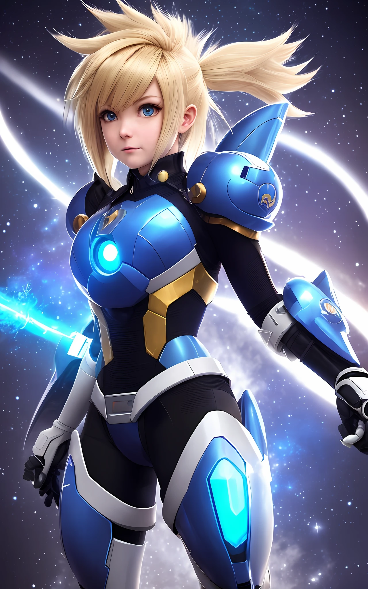 Create a 16k resolution image, Unreal Engine 5, Disney style, Super Metroid style, Mega Man-X style, with very detailed eyes, very detailed face, of a woman doing hybrid cosplay of Mega Man-X/Samus Aran/Seiya of Pegasus with Sagittarius armor, short blue hair, wearing helmet, extremely detailed eyes, futuristic weapons, background:  Futuristic city being destroyed, looking at the viewer with facial expression of total hatred