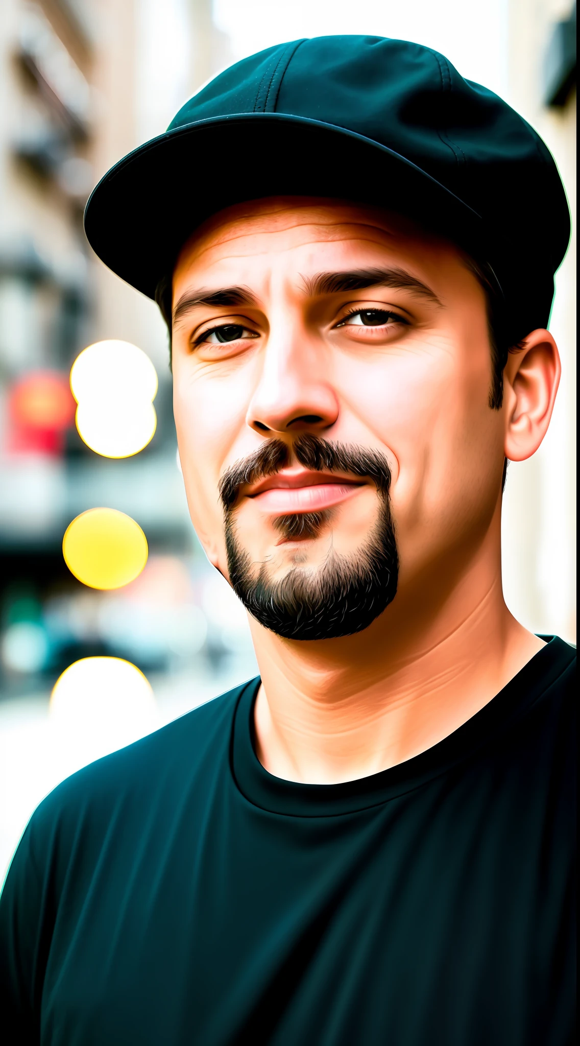 A 43-year-old man with a goatee and black cap wearing a black shirt, a character portrait by Tibor Czorba, winner of the contest behance, les nabis, behance hd, studio photography, 16k, closeup, extraterrestrial, futurism, urbancore, 3d, cinematic, documentary photography, octane render, photorealistic, street photography, sunlight, soft lighting, radioluminescence, , 🌞 🍅 , tomboy