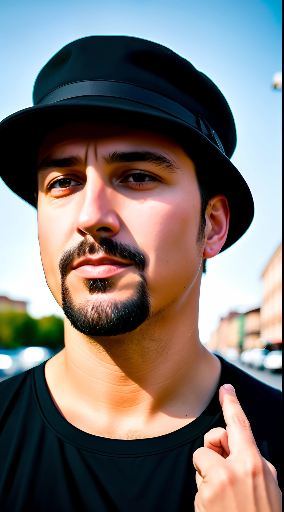 A 43-year-old man with a goatee and black cap wearing a black shirt, a character portrait by Tibor Czorba, winner of the contest behance, les nabis, behance hd, studio photography, 16k, closeup, extraterrestrial, futurism, urbancore, 3d, cinematic, documentary photography, octane render, photorealistic, street photography, sunlight, soft lighting, radioluminescence, , 🌞 🍅 , tomboy
