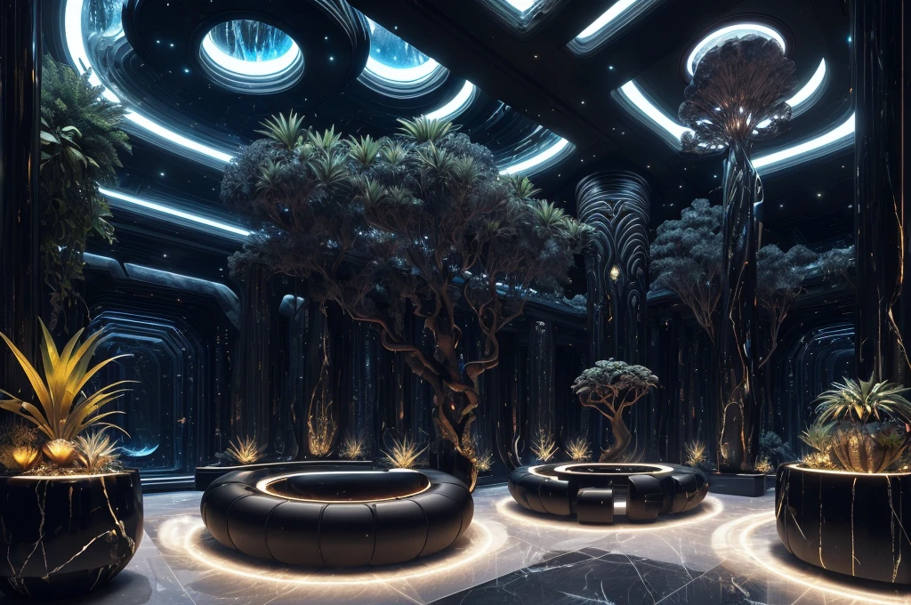 incredible black luxurious futuristic interior in Ancient Egyptian style with many (((lush plants))) (lotus flowers), ((palm trees)), (((flowers))), rocky walls, ((sand)), ((waterfalls)) (marble), ((precious minerals)), ((metals)), (gemstones), crystals, clouds and ((water)), ((curvy futuristic furniture)), (hieroglyphics), ((trees, flowers, plants made out of gemstones and precious minerals and lights)), crocodiles, (((ultra luxury))), (black marble) – with ((beautiful lights)), Unreal Engine, HQ, 16k