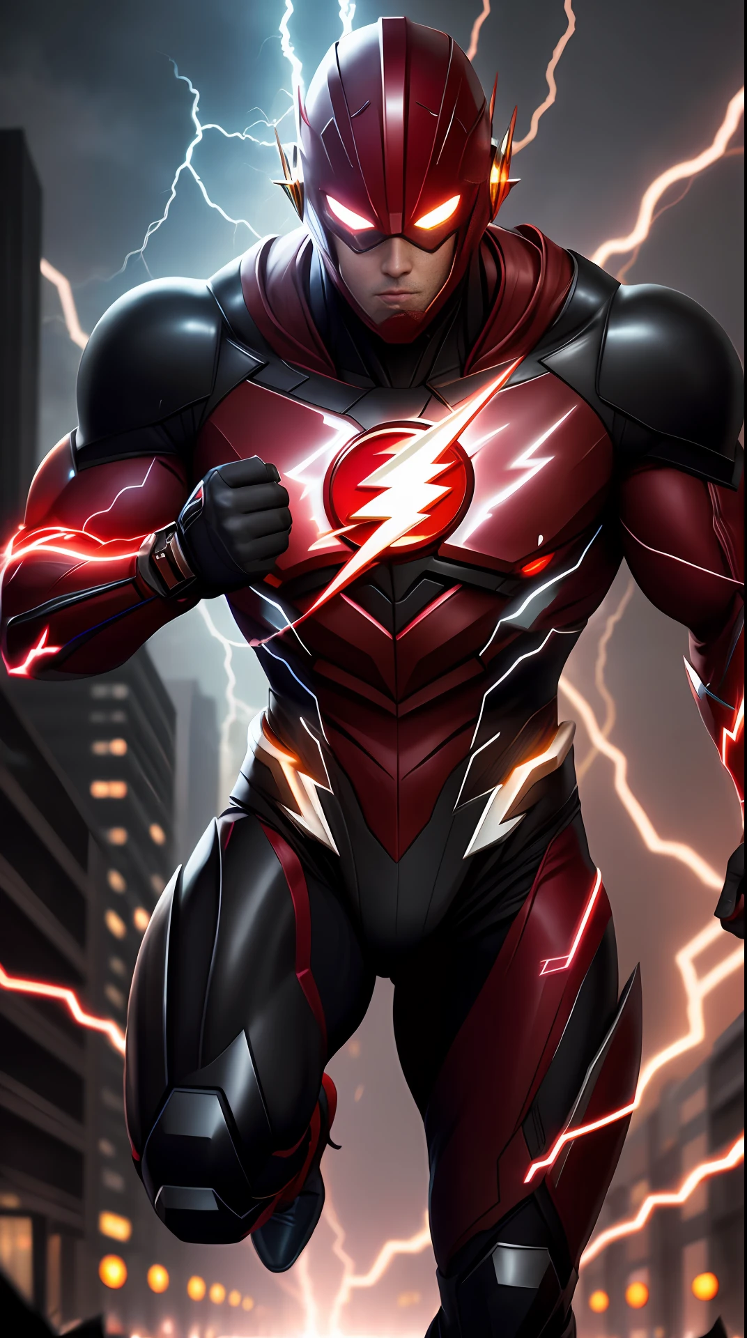 the flash , dark armor, invoked mask,glowing red eyes, bodybuilder, running, in the background a city, lightning in the sky, ultra details, ultra realistic, cinematic , octane render, 16k
