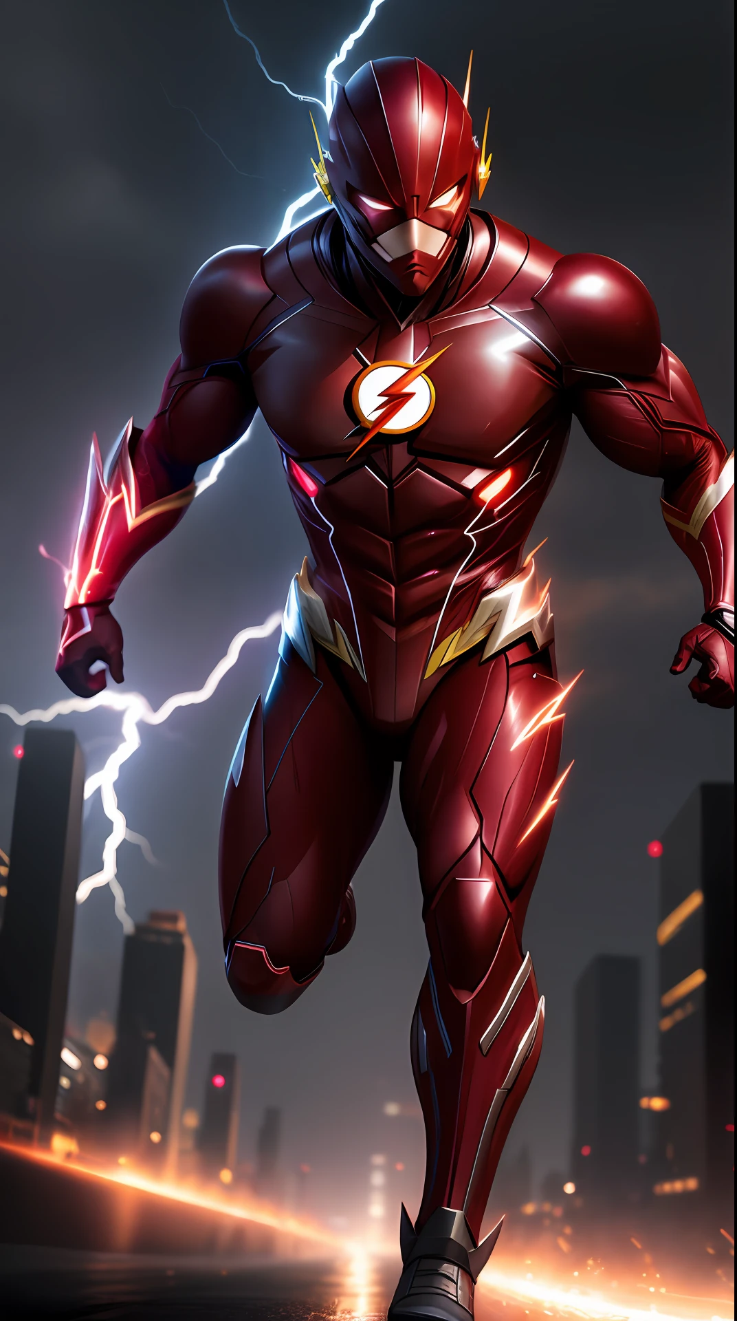 the flash , dark armor, invoked mask,glowing red eyes, bodybuilder, running, in the background a city, lightning in the sky, ultra details, ultra realistic, cinematic , octane render, 16k