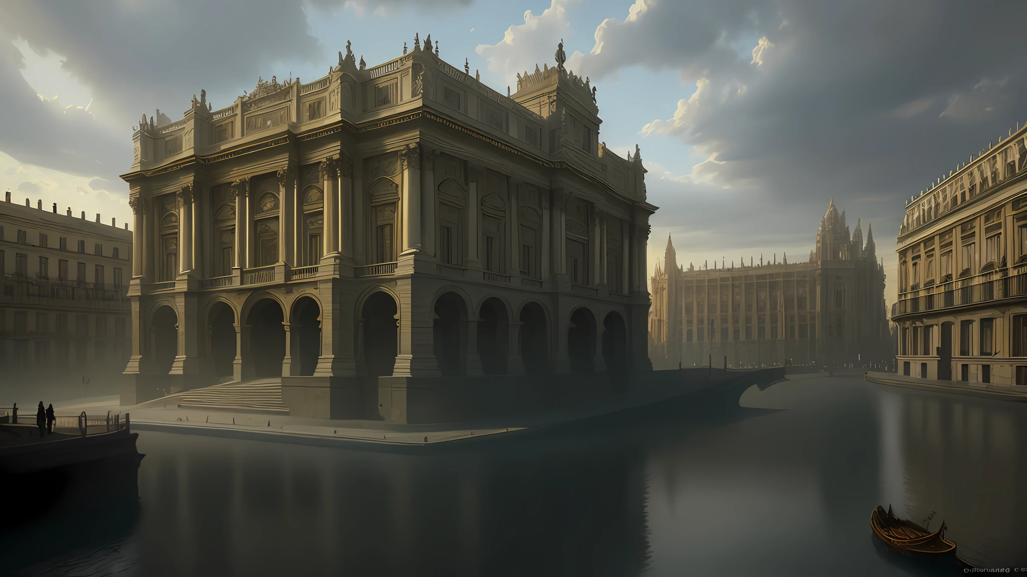 (masterpiece), Madrid, art by [Bastien Lecouffe-Deharme| Caspar David Friedrich]:1.2), (unreal engine rendering, photorealistic painting, photorealism:1.2), (mysterious), vibrant colors, sunrays