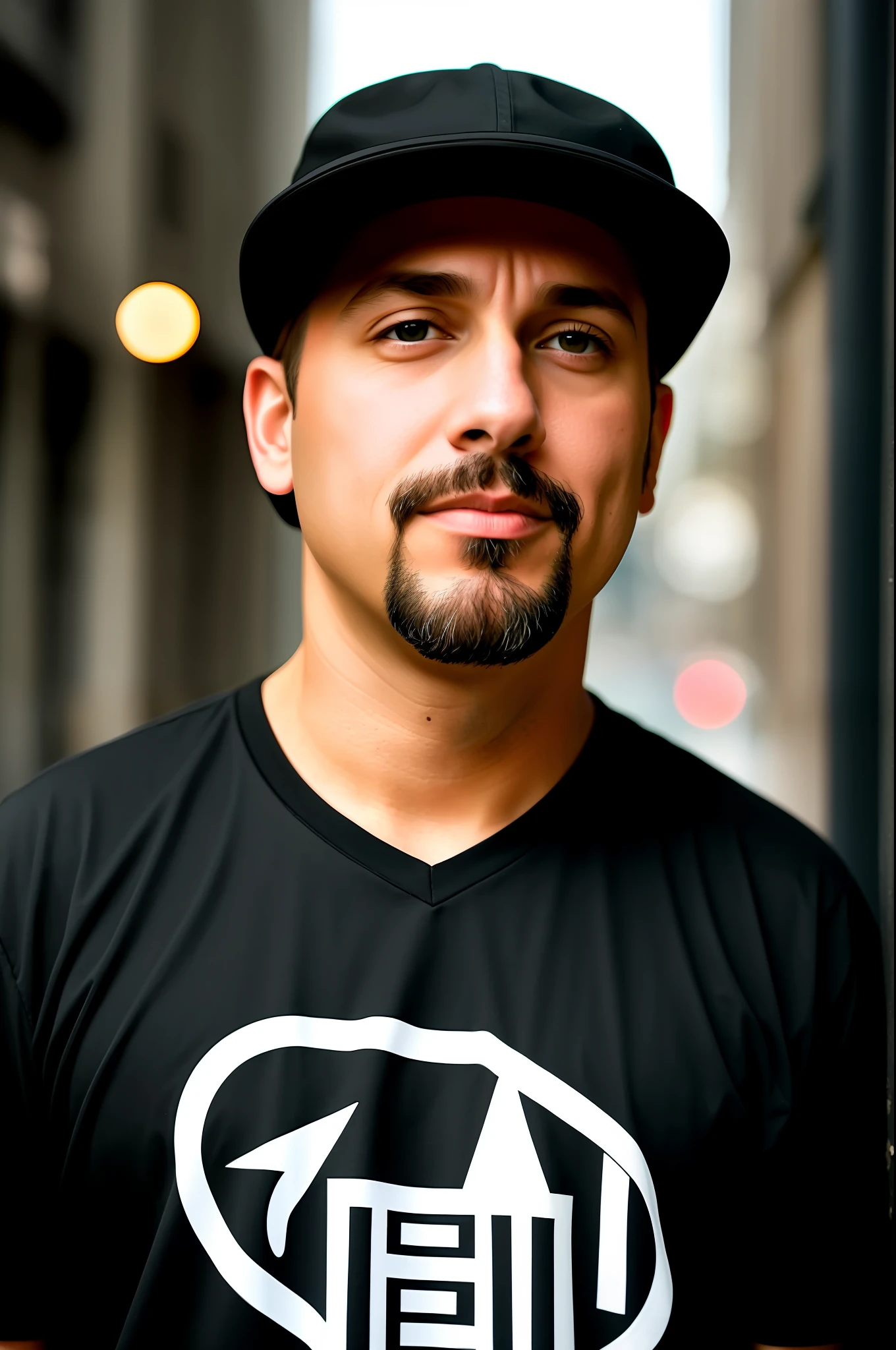 A 43-year-old man with a goatee and black cap wearing a black shirt, a character portrait by Tibor Czorba, winner of the contest behance, les nabis, behance hd, studio photography, 16k, closeup, extraterrestrial, futurism, urbancore, 3d, cinematic, documentary photography, octane render, photorealistic, street photography, sunlight, soft lighting, radioluminescence, , 🌞 🍅 , tomboy