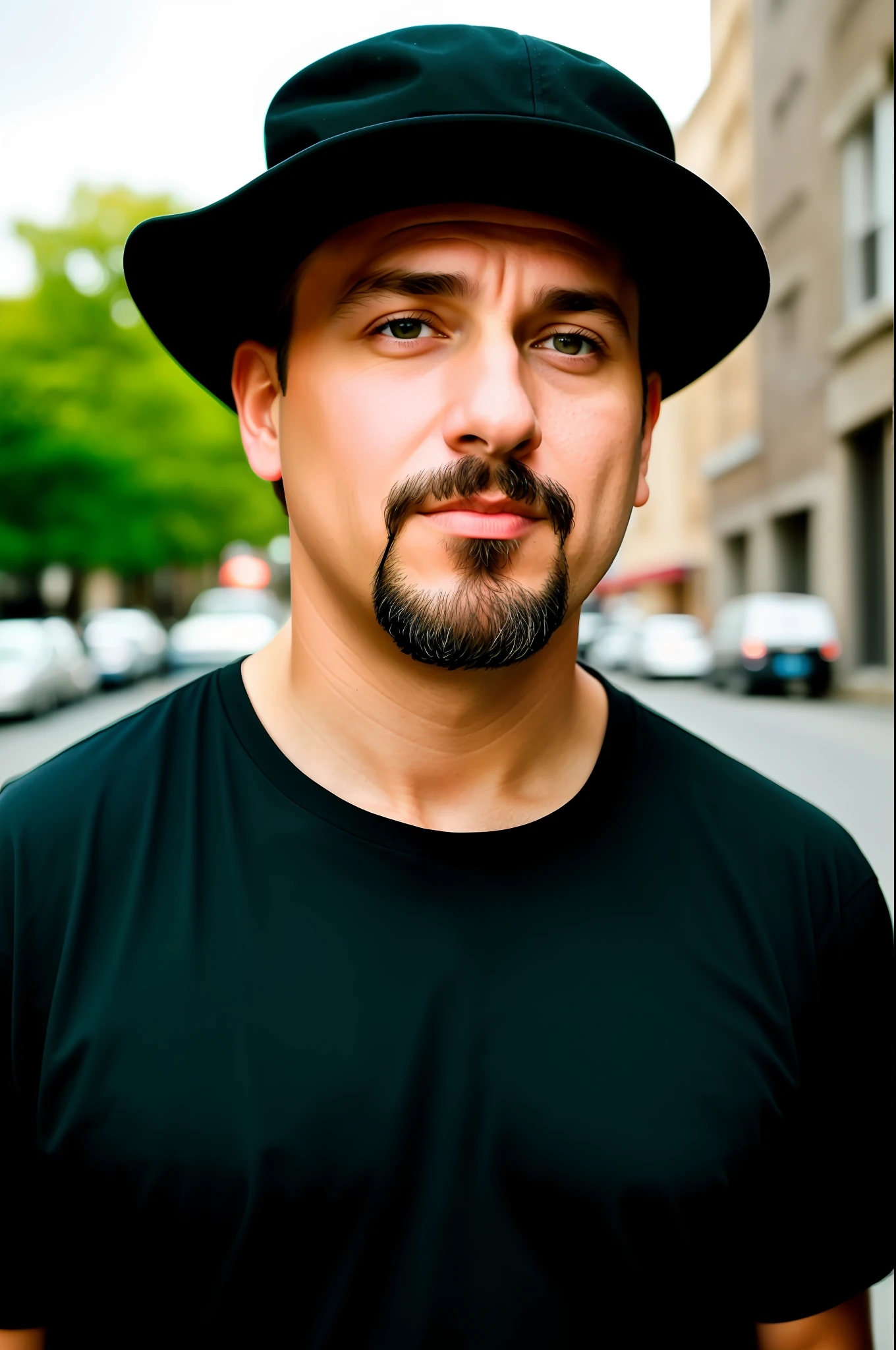 A 43-year-old man with a goatee and black cap wearing a black shirt, a character portrait by Tibor Czorba, winner of the contest behance, les nabis, behance hd, studio photography, 16k, closeup, extraterrestrial, futurism, urbancore, 3d, cinematic, documentary photography, octane render, photorealistic, street photography, sunlight, soft lighting, radioluminescence, , 🌞 🍅 , tomboy