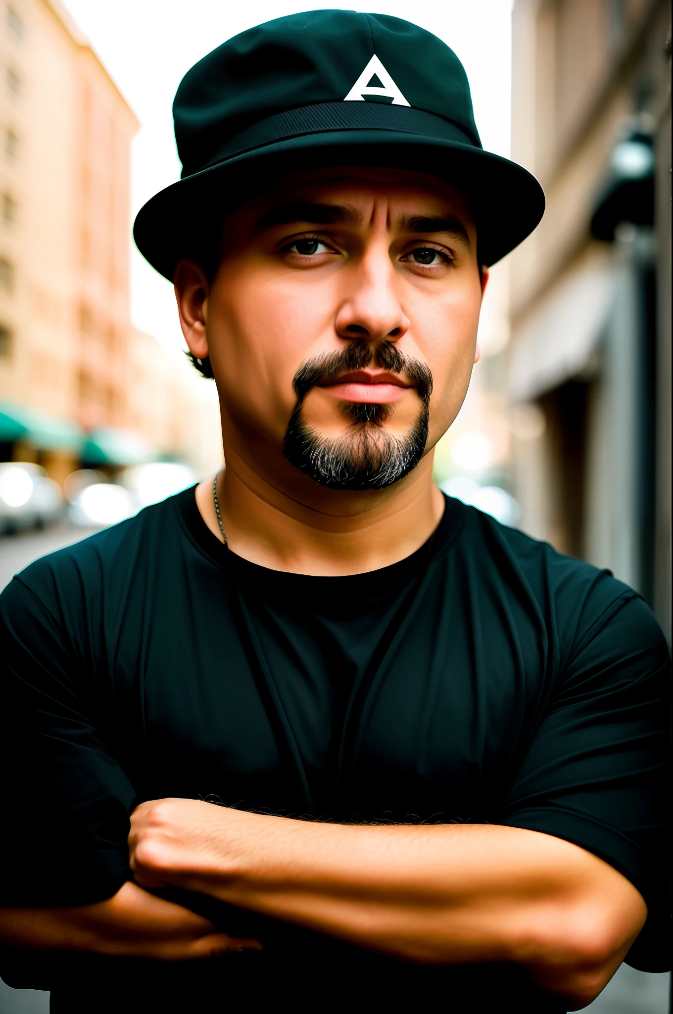 A 43-year-old man with a goatee and black cap wearing a black shirt, a character portrait by Tibor Czorba, winner of the contest behance, les nabis, behance hd, studio photography, 16k, closeup, extraterrestrial, futurism, urbancore, 3d, cinematic, documentary photography, octane render, photorealistic, street photography, sunlight, soft lighting, radioluminescence, , 🌞 🍅 , tomboy