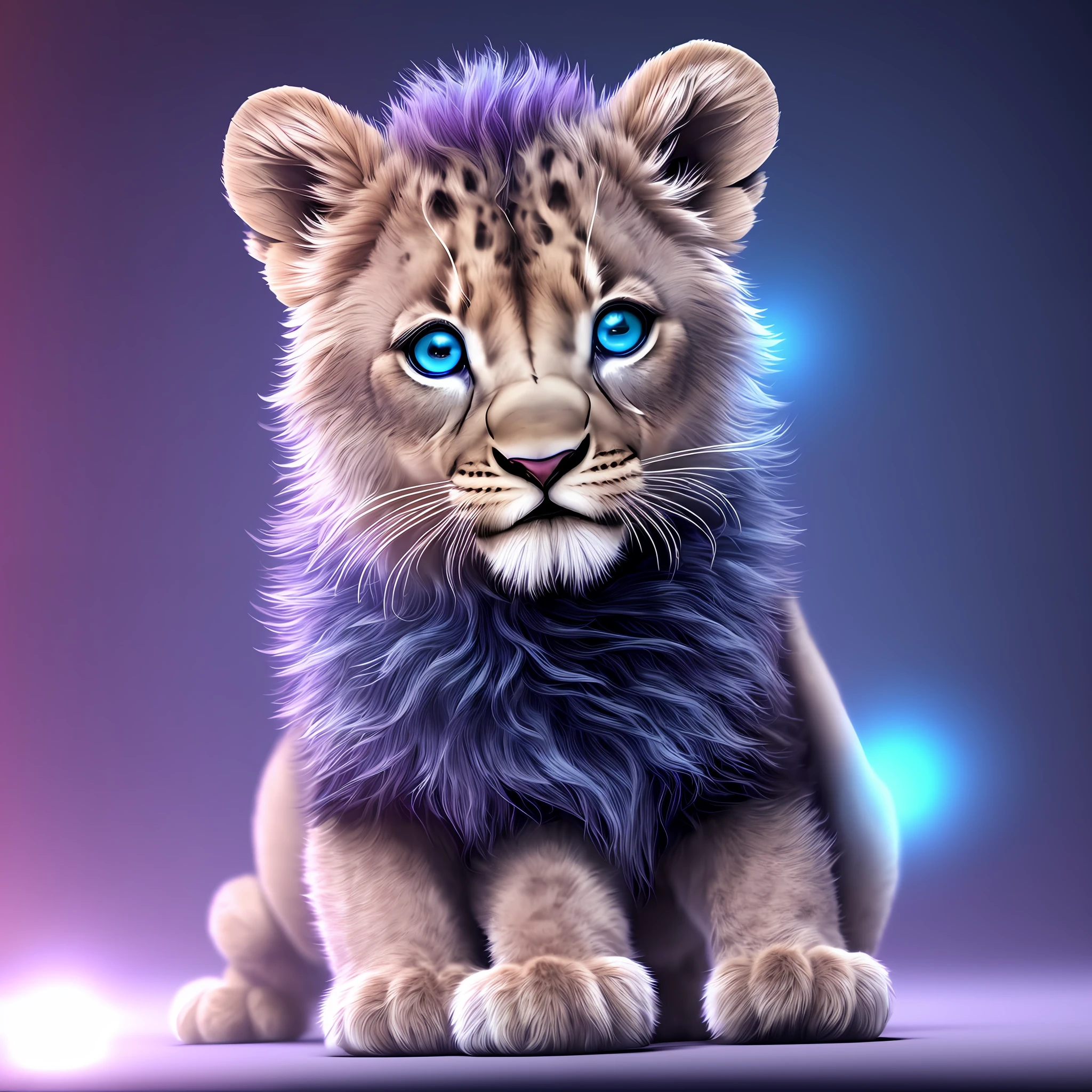 a beautiful tiny lion cub, (coat all dark blue), hyperrealistic, (eyes of different colors bright purple metallic), Chibi, adorable but with expert face, malicious and at the same time cute, logo design, cartoon, cinematic lighting effect, charming, 3D vector art, cute and quirky, fantasy art, bokeh, digital painting, soft lighting, isometric style, 4K resolution, photorealistic rendering, highly detailed cleaning, vector image, realistic photor masterpiece, professional photography, simple space scenery, plain white background, isometric, vibrant vector, 8k.