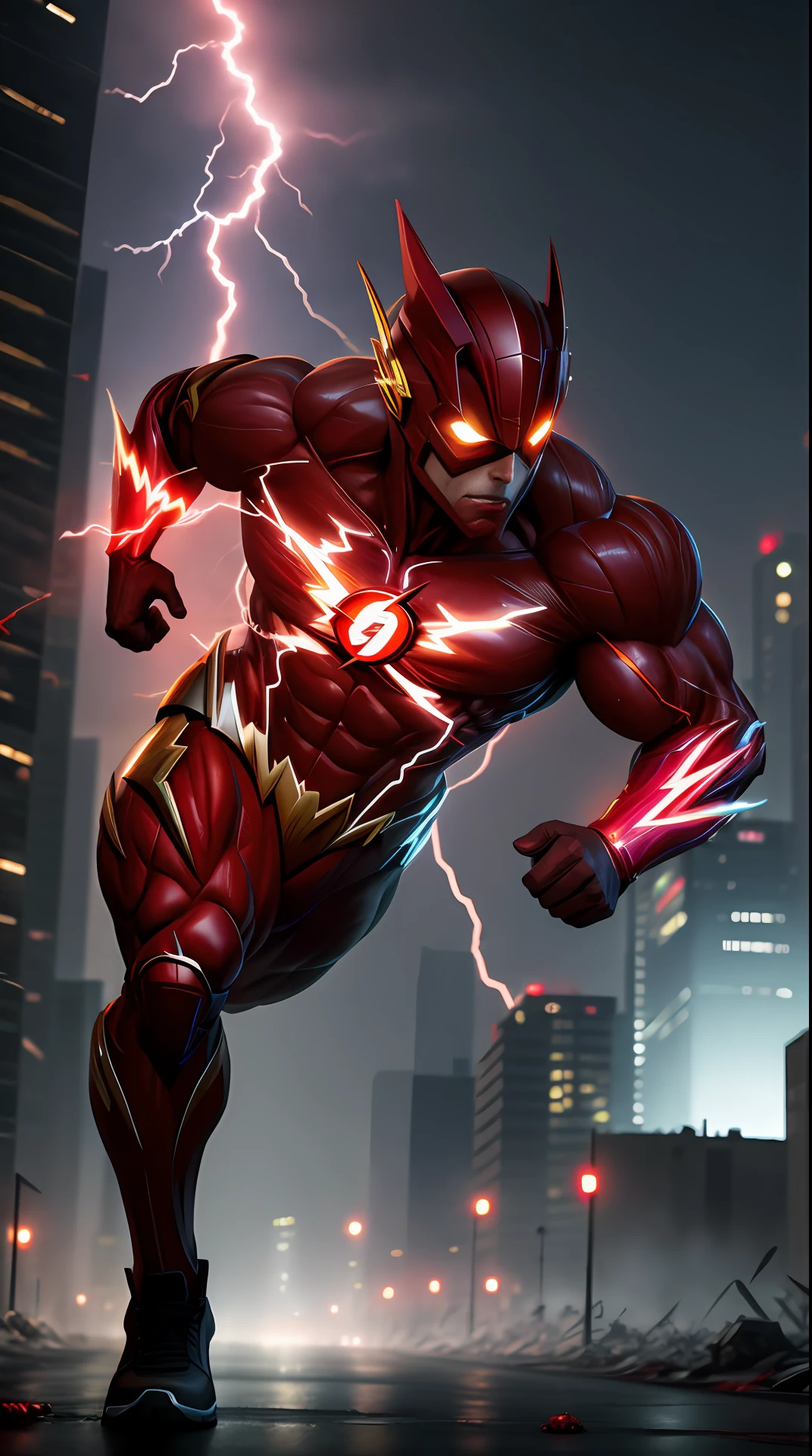 the flash , zombie, invoked mask,glowing red eyes, bodybuilder, running, in the background a city, lightning in the sky, ultra details, ultra realistic, cinematic , octane render, 16k
