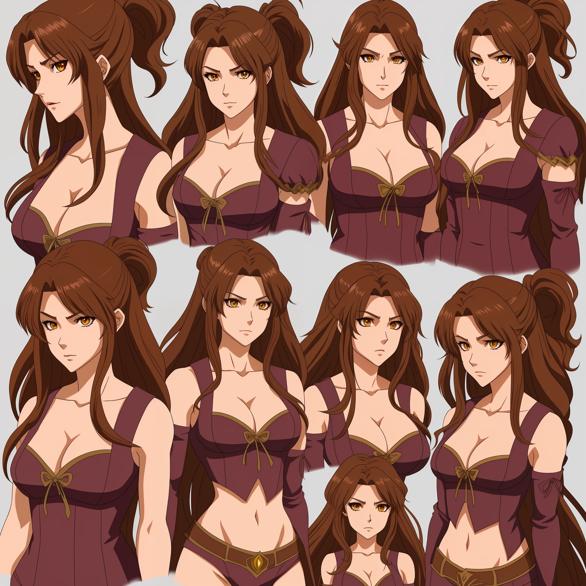 A female werewolf, model sheet, angry facial features, various angles, full body, large breasts, cleavage, brown hair, anime style, Castlevania anime style from netflix.